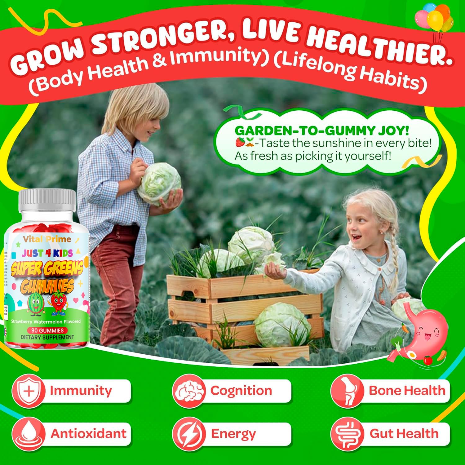 FourRoar Vital Prime Super Green Gummies for Kids 90 Count Strawberry & Watermelon Flavor | Fruit and Vegetable Gummies | Vegan Veggies Gummy Multivitamin for Kids FourRoar buy supplements canada
