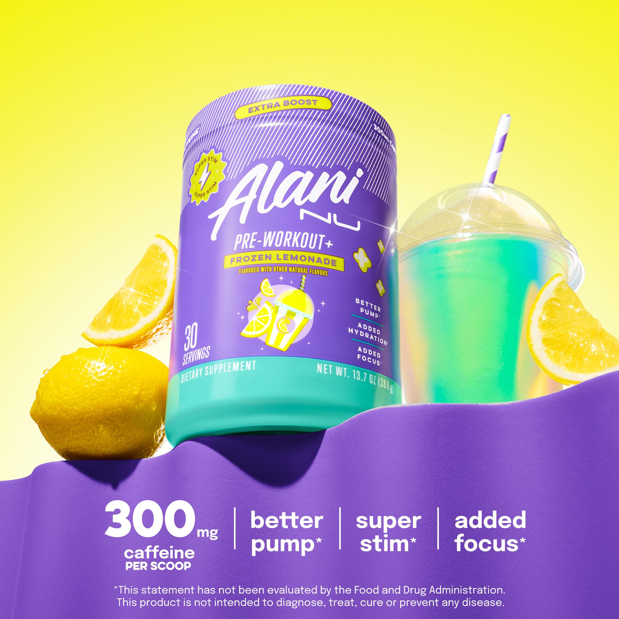 Alani Nu Pre Workout+ Powder Frozen Lemonade, Extra Boost, Sugar Free, 300mg Caffeine, L-Theanine, Beta-Alanine, Citrulline, 30 Servings Alani Nu buy supplements canada