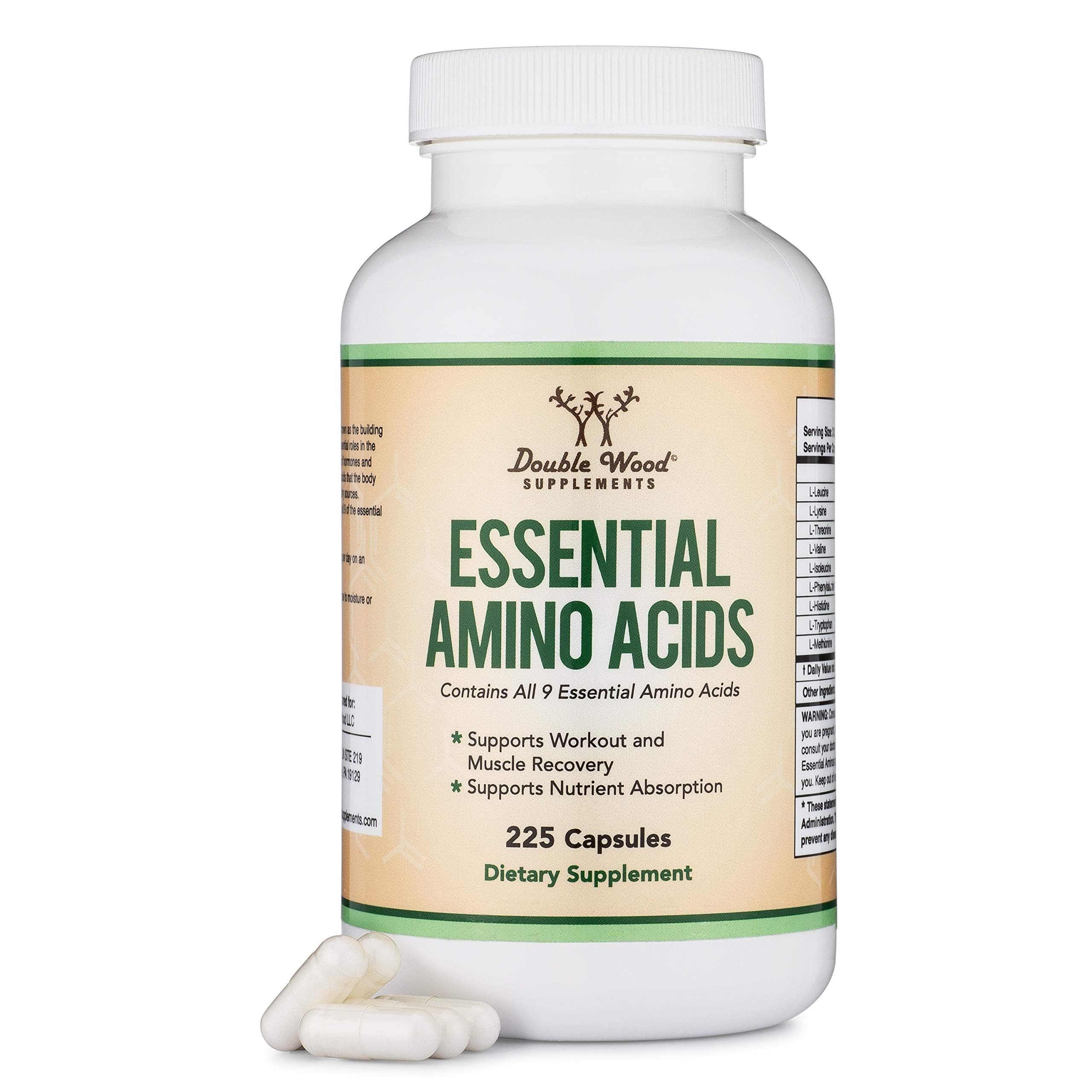 Essential Amino Acids - 1 Gram Per Serving Powder Blend of All 9 Essential Aminos (EAA) and All Branched-Chain Aminos (BCAAs) (Leucine, Isoleucine, Valine) 225 Capsules Double Wood Supplements buy supplements canada