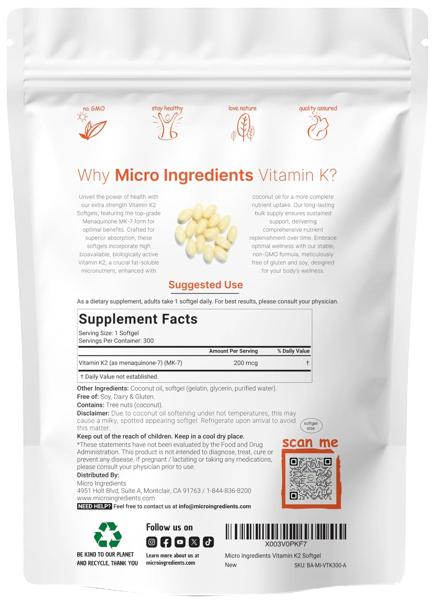 Micro Ingredients Vitamin K2 MK-7 Supplement, 200 mcg Per Serving, 300 Coconut Oil Softgles | Easily Absorbed, Active Menaquinone Form | Micro Ingredients buy supplements canada