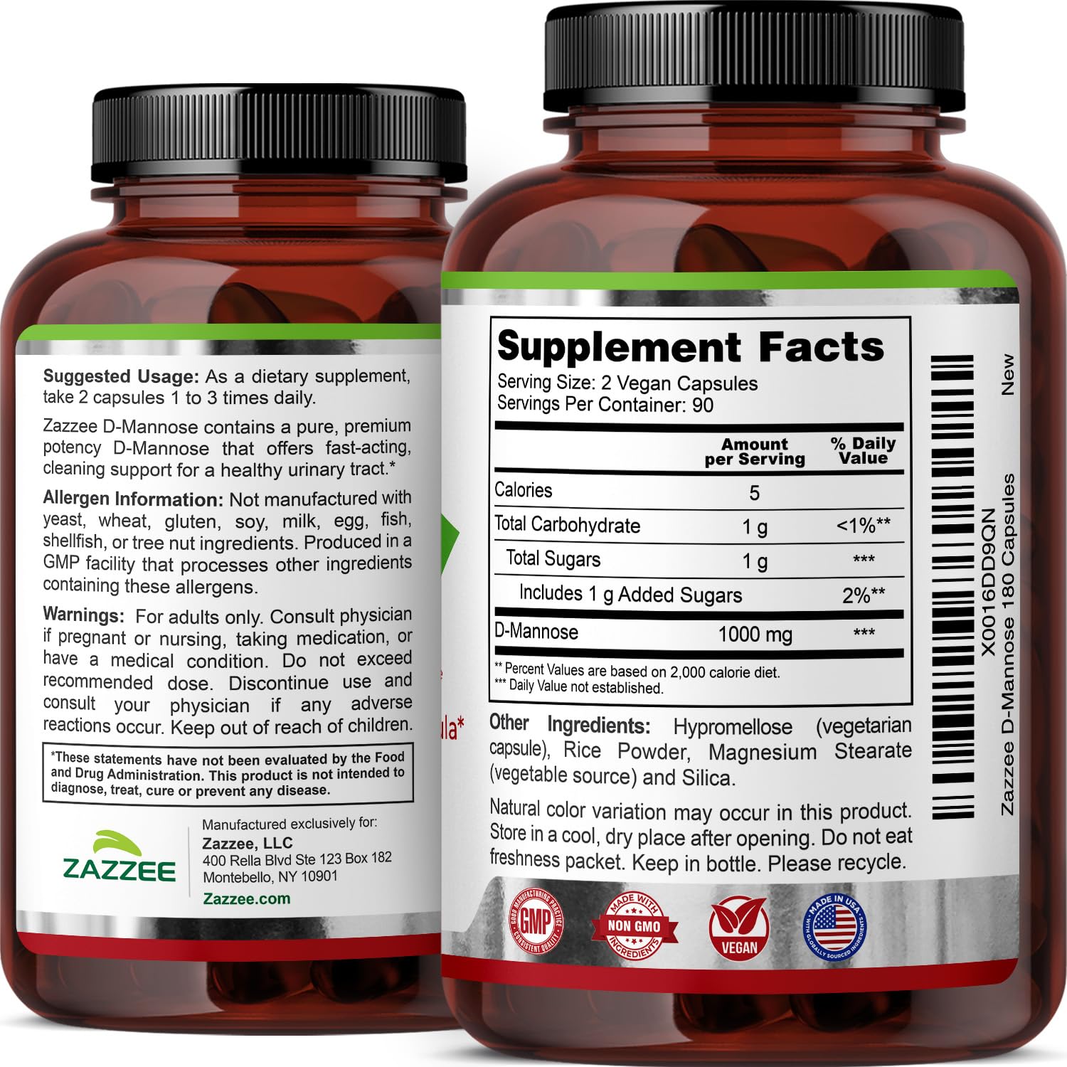 Zazzee D-Mannose, 1000 mg per Serving, 180 Vegan Capsules, 3 Month Supply, Potent & Fast-Acting, Certified Kosher, 100% Pure, All-Natural Urinary Tract Health Support Zazzee buy supplements canada