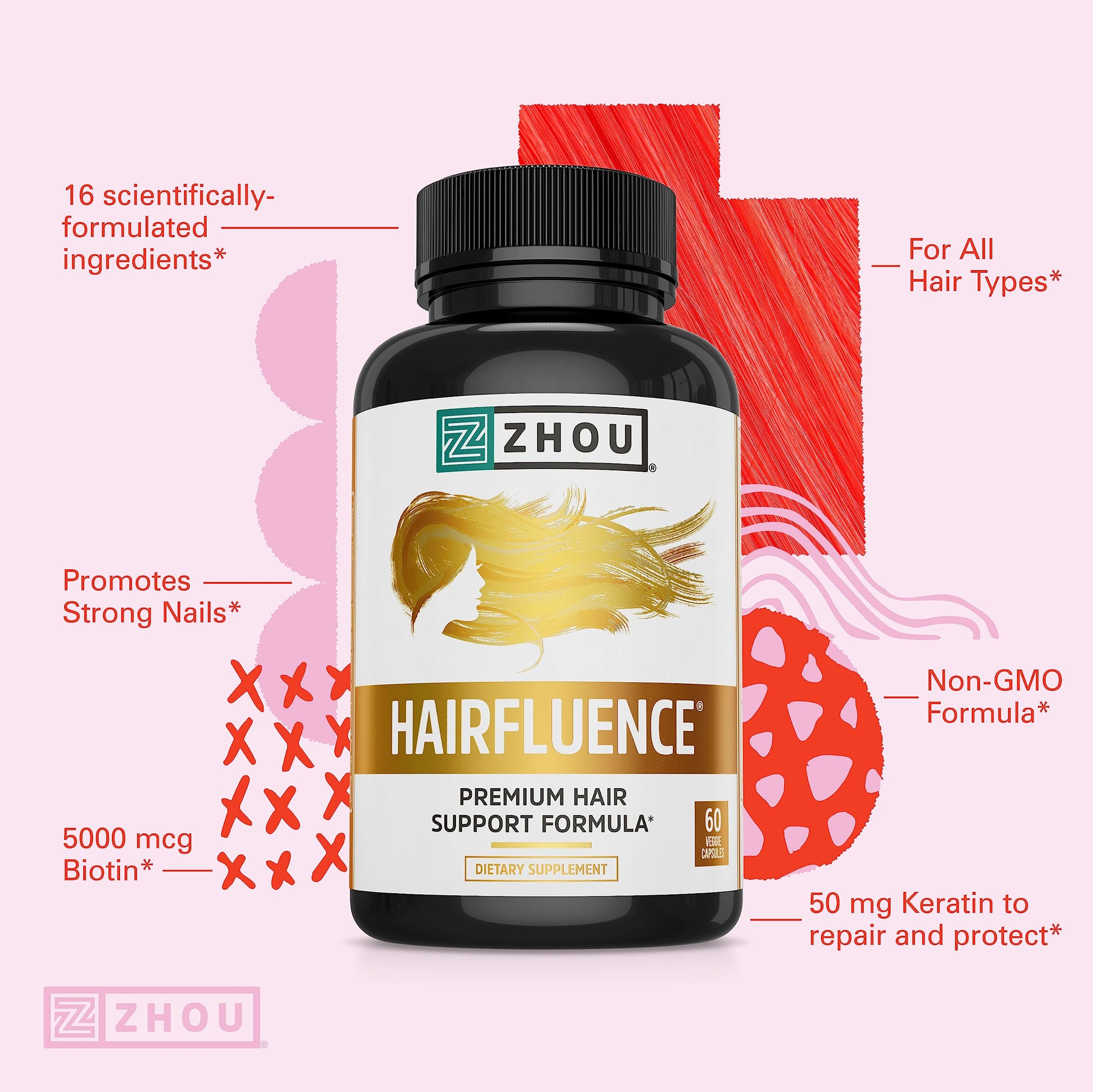 Zhou Hairfluence, Hair Growth Supplement with Biotin 5000mcg, Collagen, Keratin, Zhou Nutrition buy supplements canada