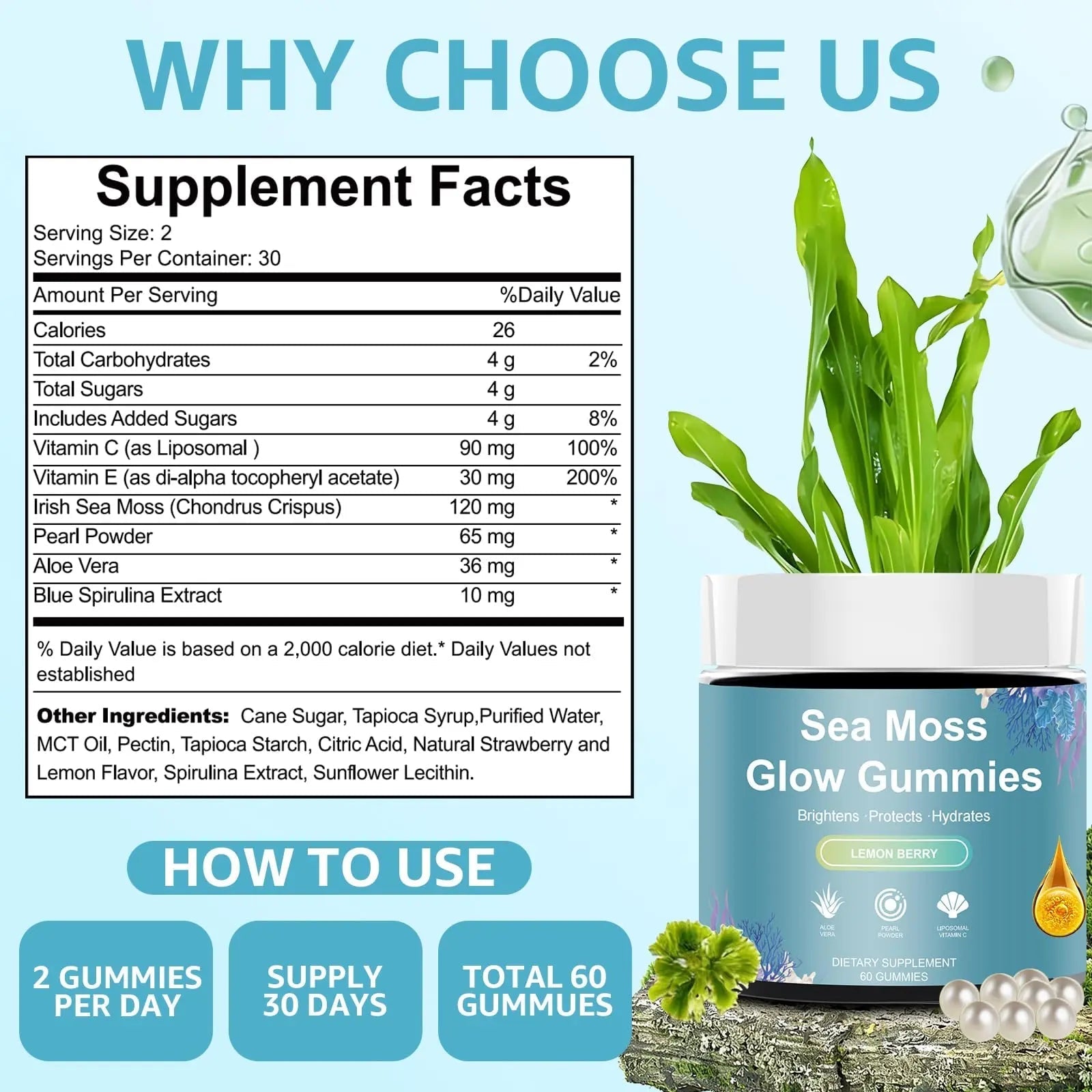 HICFRWE Sea Moss Glow Gummies - Hair Gummies with Vitamin C, Vitamin E, Aloe Vera, Pearl Powder Supports Faster Hair Growth HICFRWE buy supplements canada