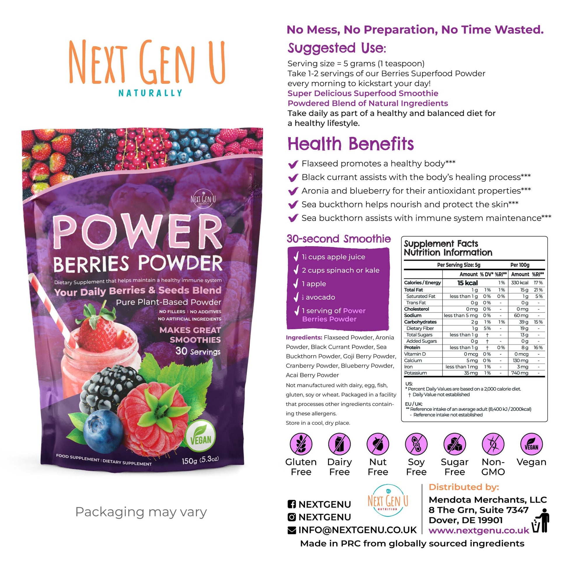 Super Berry Powder - 150g - Immune Support - Food Supplement - Superfood Berries - Smoothie Mix for Shakes - Healthy Boost for Detox Juice Beverages or Any Drink - by NextGenU NGU Next Gen U buy supplements canada