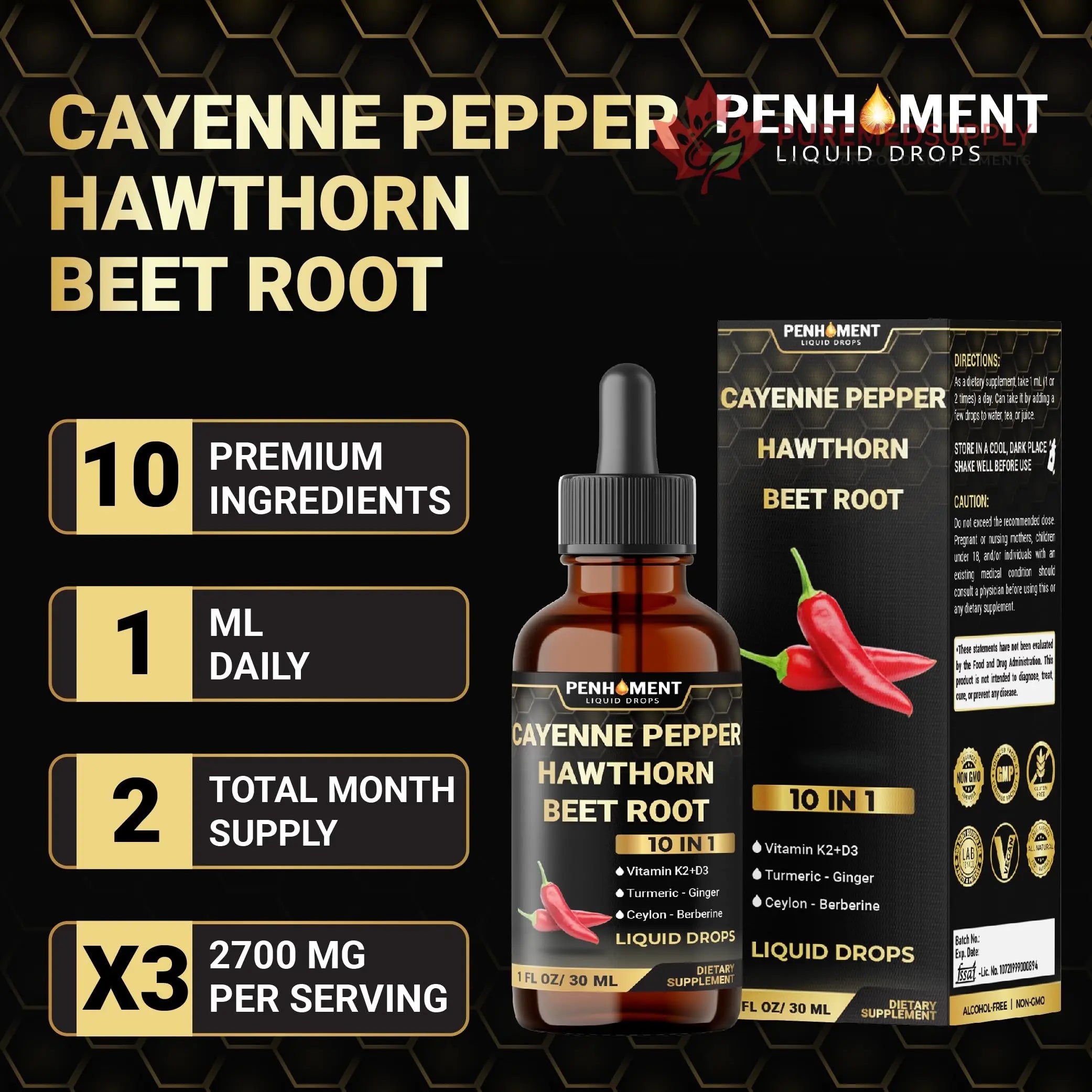 Penhoment 2 Packs - 2700 mg 10in1 Cayenne Pepper Liquid Drops with Hawthorn Berry, Vitamin D3 K2, Beet Root, Ginger Turmeric, Ginger, Ceylon Cinnamon, Berberine, and Ginseng - 2 Months Penhoment buy supplements canada
