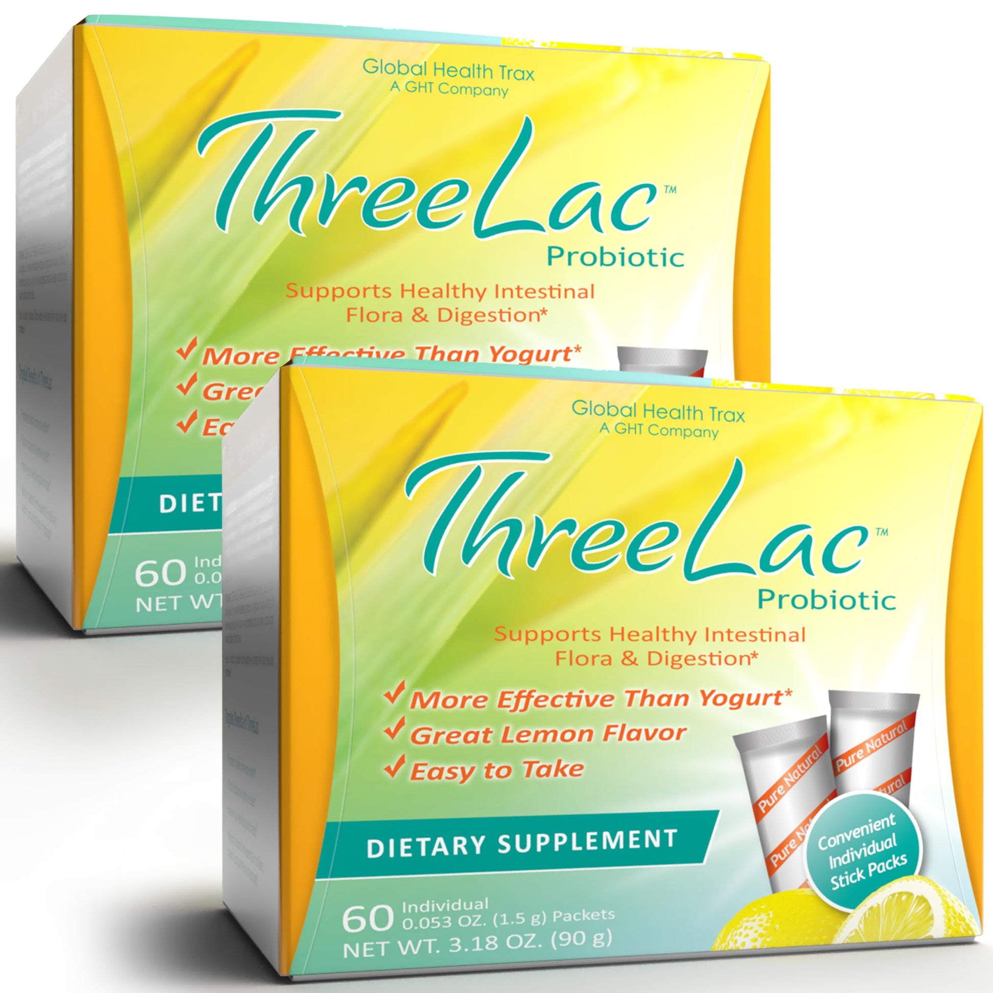 Global Health Trax ThreeLac Lemon Probiotic Drink Mix for Digestive Health - Advanced Probiotic Powder Formula for Men, Women, and Kids - Immune Support & Gut Balance, Non-GMO - 120 Packets ght Global Health Trax buy supplements canada