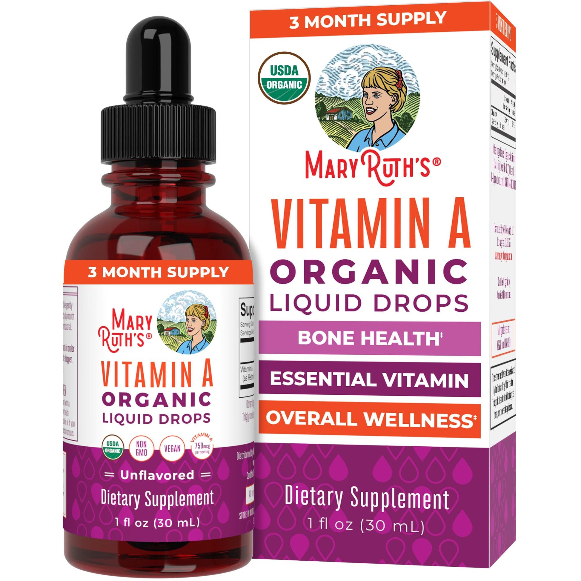MaryRuth Organics USDA Organic Vitamin A Liquid Drops | 3 Month Supply | Bone Health for Ages 14+ | Essential Vitamin | 750mcg per Serving | Sugar Free | Vegan | Non-GMO | Gluten Free | 1oz MARYRUTH'S buy supplements canada