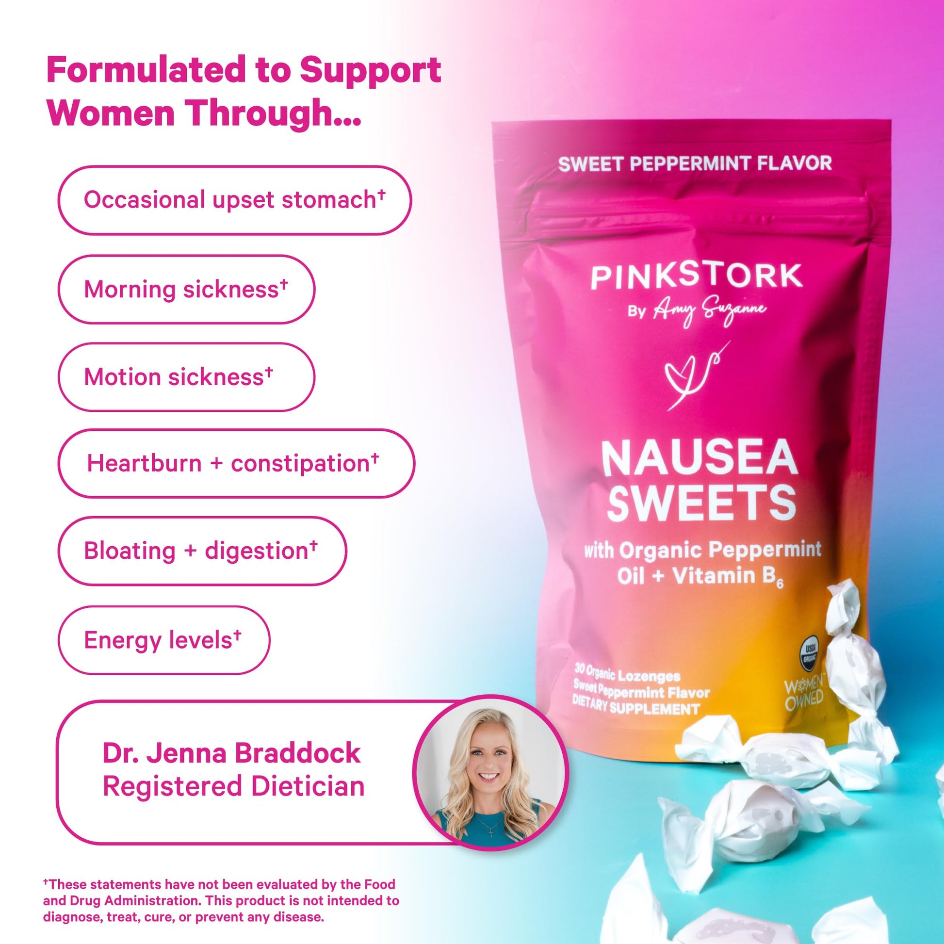 Pink Stork Organic Peppermint Sweets for Morning Sickness and Motion Sickness Support, Added Vitamin B6, 1st Trimester Pregnancy Must Haves - 30 Wrapped Peppermint Candies Pink Stork buy supplements canada