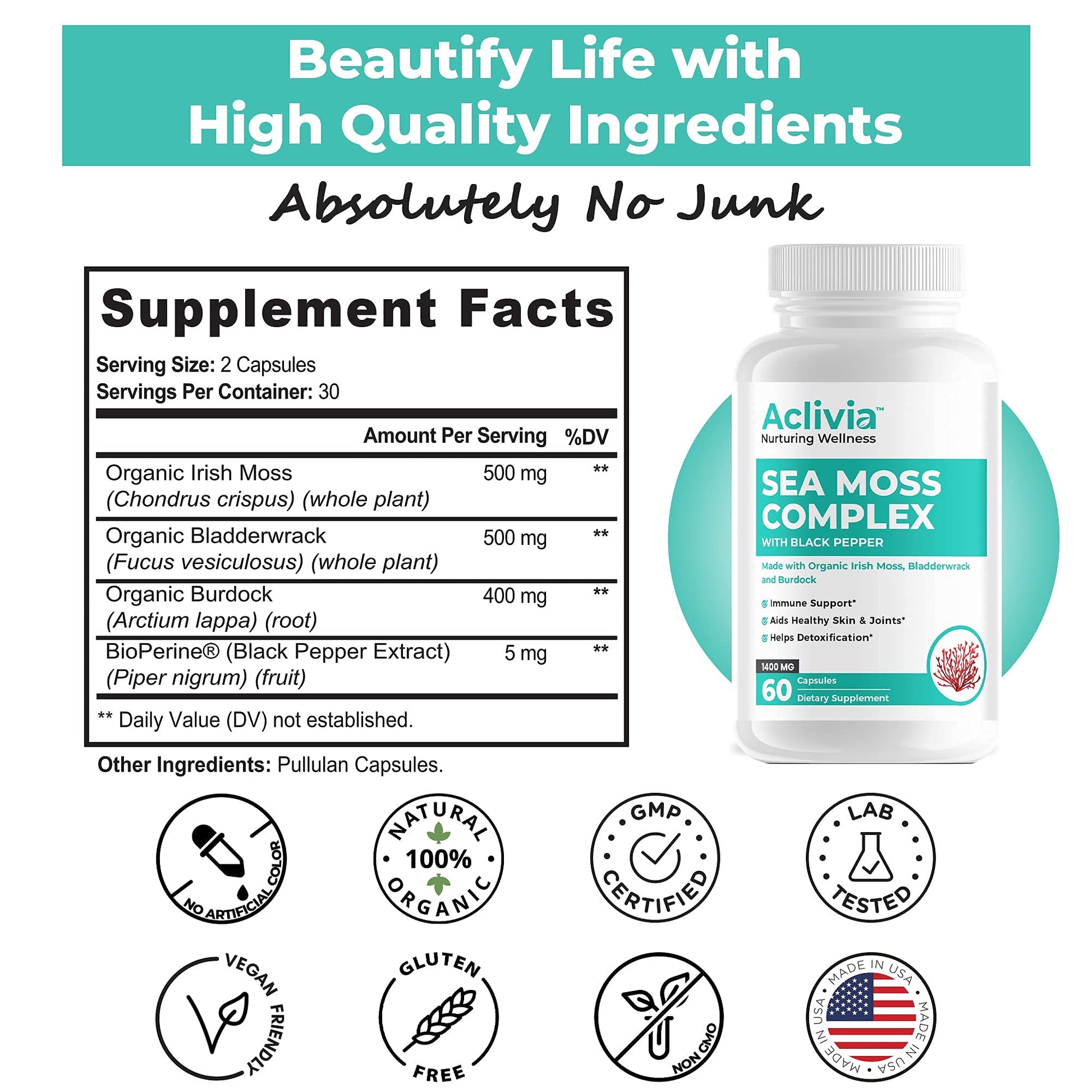 Aclivia - Organic Irish Sea Moss Capsules with Bladderwrack & Burdock Root - 102 Minerals Sea Moss Supplement - Thyroid Support, Immune Boost - Non-GMO (60 Count) Aclivia buy supplements canada