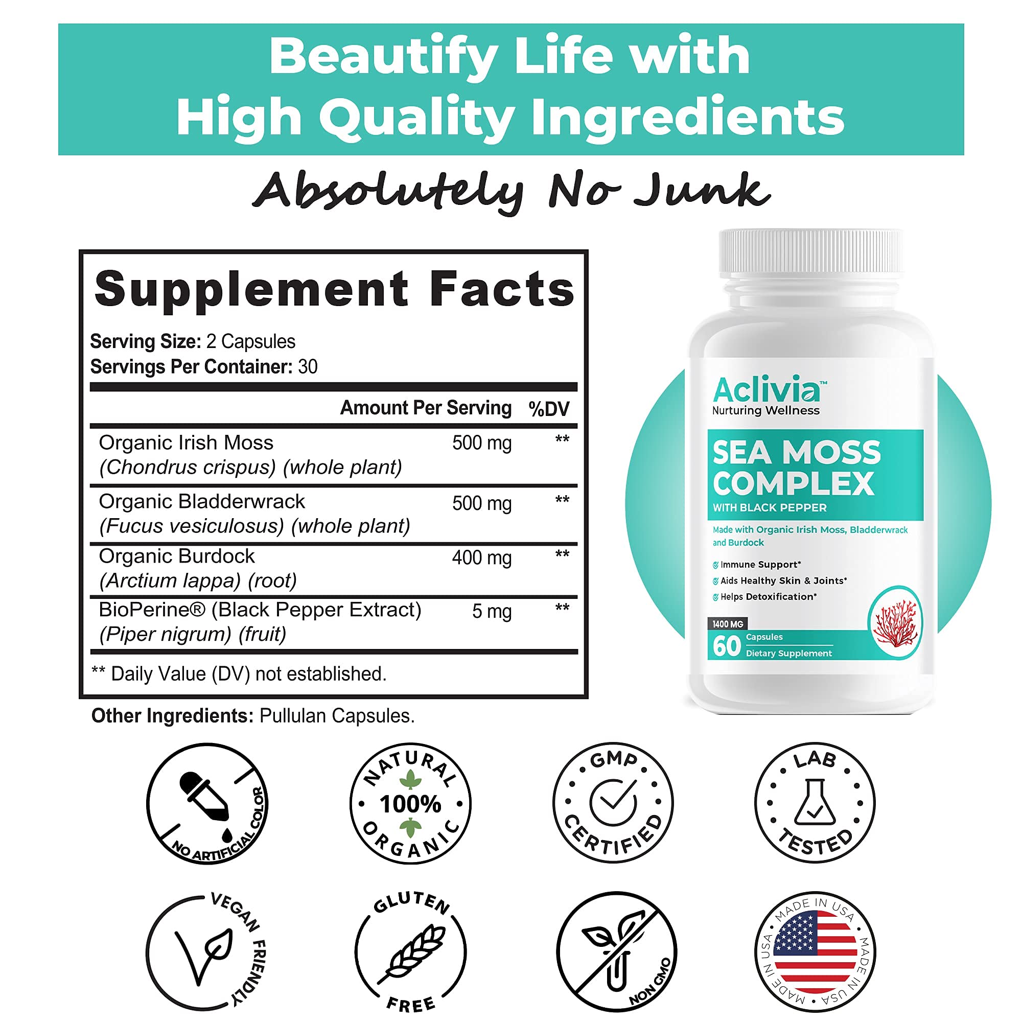 Aclivia - Organic Irish Sea Moss Capsules with Bladderwrack & Burdock Root - 102 Minerals Sea Moss Supplement - Thyroid Support, Immune Boost - Non-GMO (60 Count) Aclivia buy supplements canada