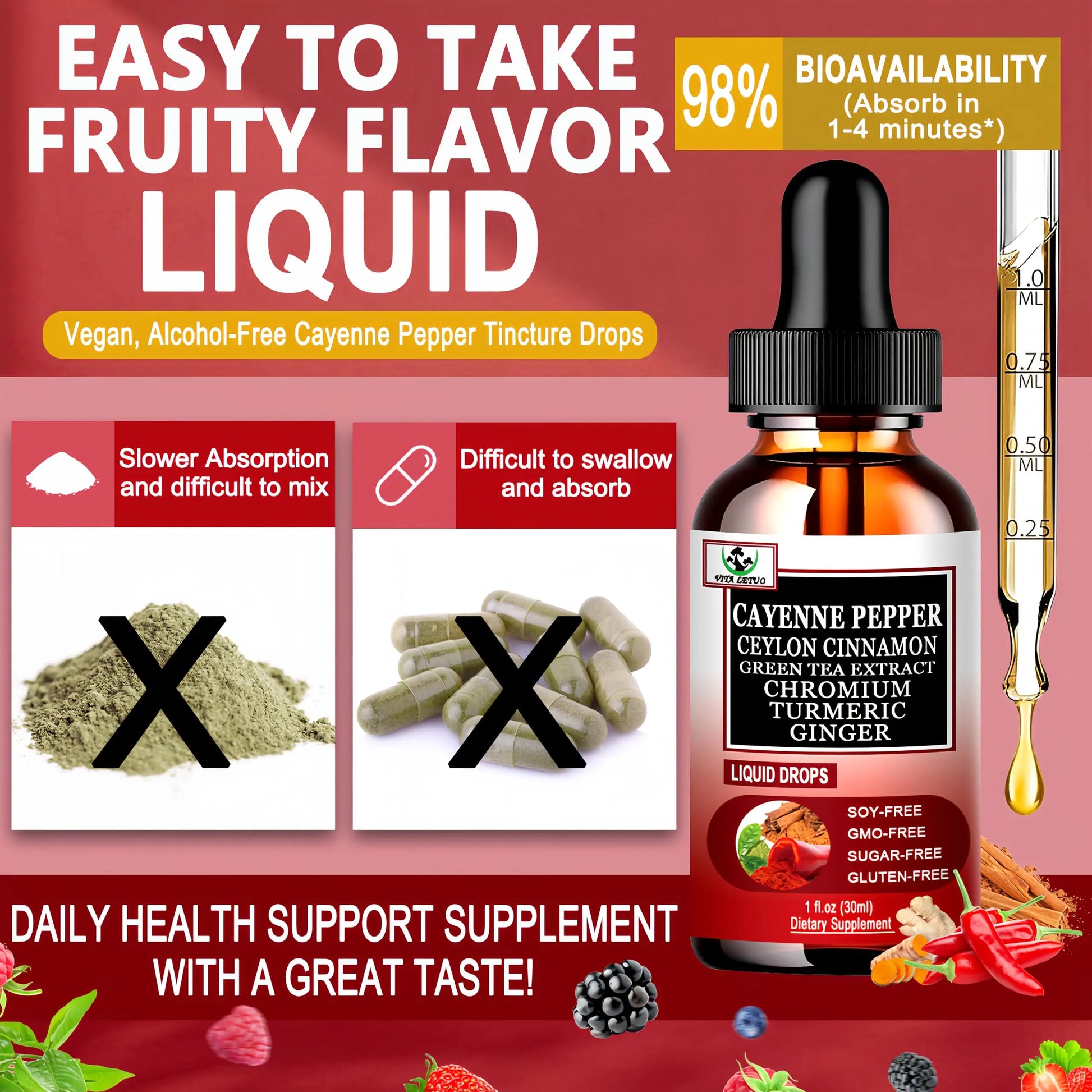 Cayenne Pepper Drops, High Absorption 6-in-1 Liquid Cayenne Pepper Supplement w/Ceylon Cinnamon, Green Tea Extract, Turmeric, Organic Liquid Drops Than Cayenne Capsules Powder Vita letuo buy supplements canada
