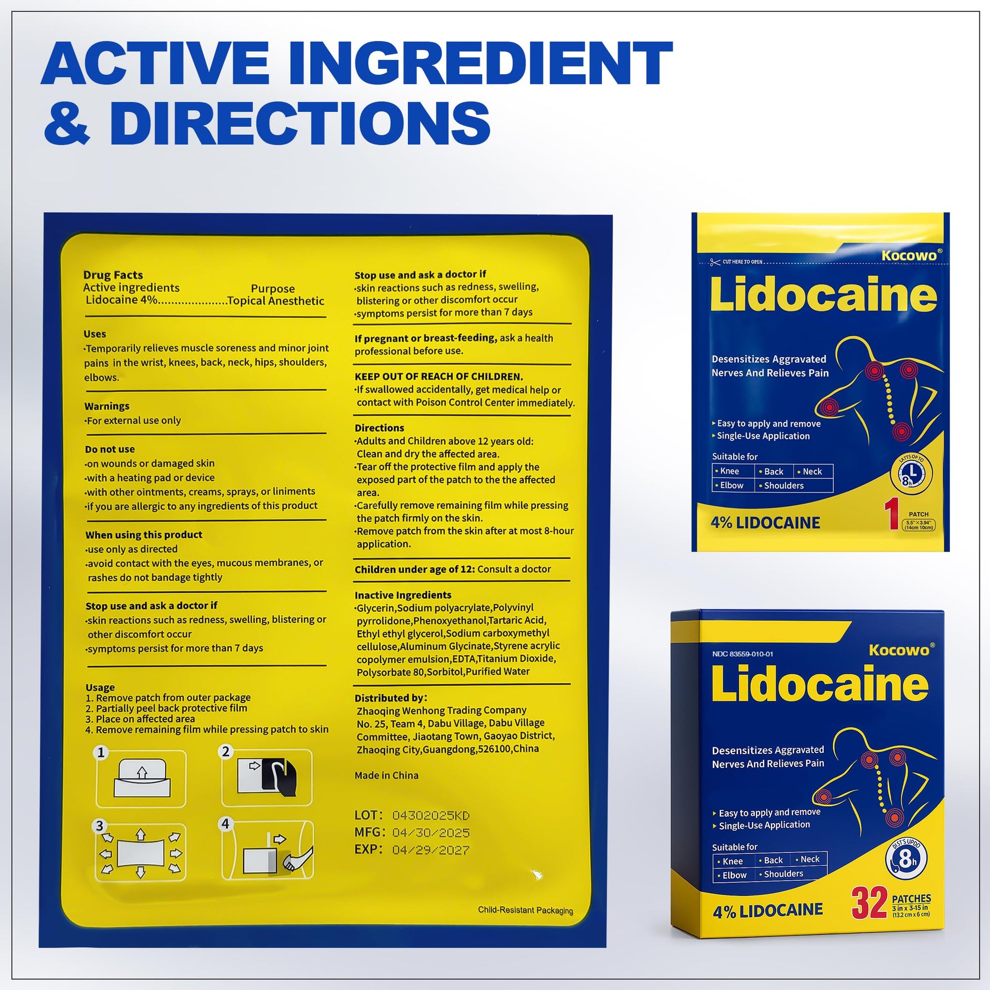 Kocowo 4% Lidocaine Maximum Strength Pain Relief Gel Patches with Auxiliary Patches for Neck Back Knee Joint Ache Muscle Soreness, 3.9” x 5.5”, 32-Count Box, NDC：83559-010-01 Kocowo buy supplements canada