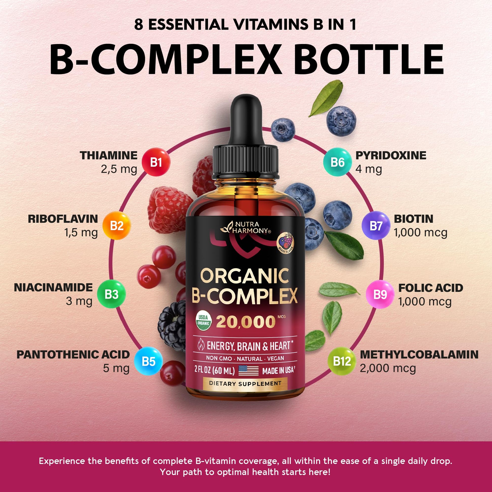 USDA Organic Vitamin B Complex Liquid Drops - 8-in-1 B Complex Vitamins: B1, B2, B3, B5 NUTRAHARMONY buy supplements canada