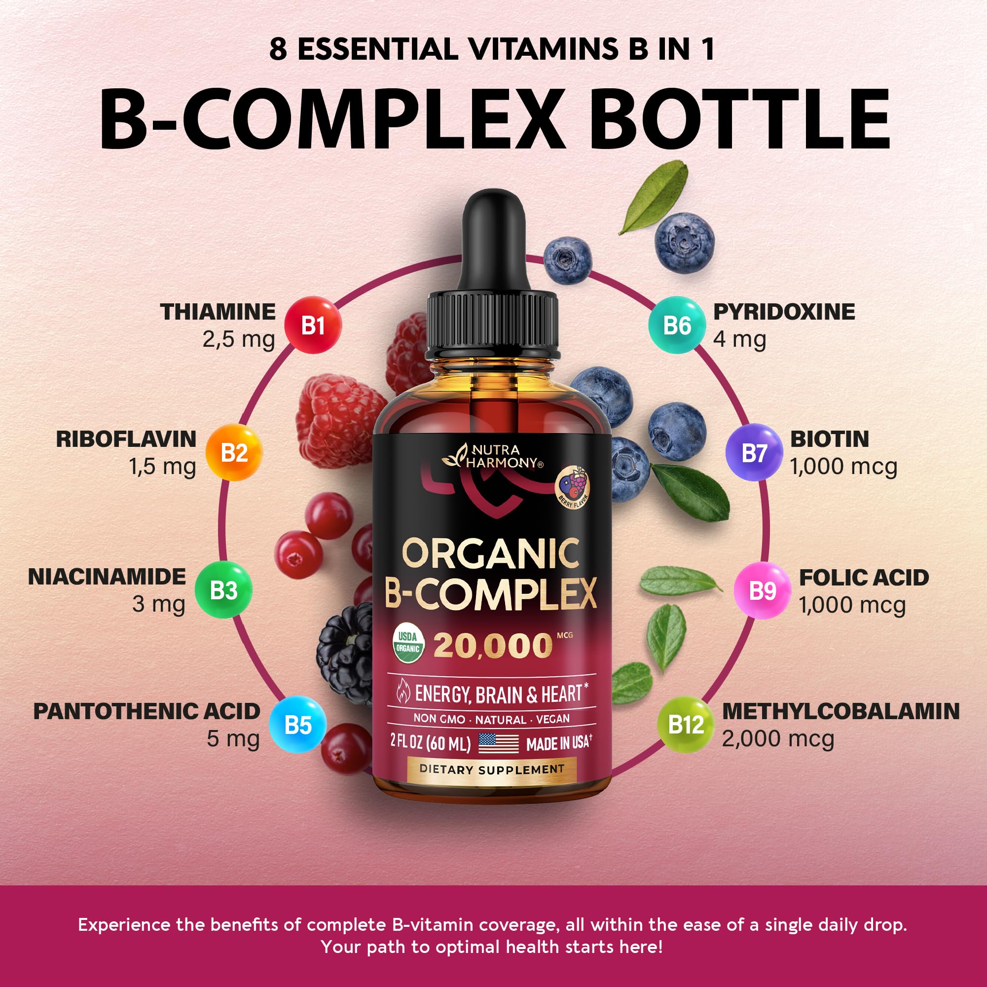 USDA Organic Vitamin B Complex Liquid Drops - 8-in-1 B Complex Vitamins: B1, B2, B3, B5 NUTRAHARMONY buy supplements canada
