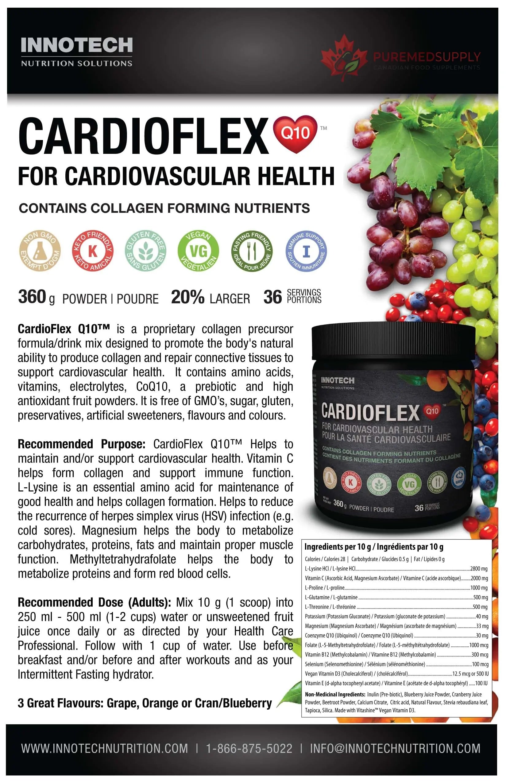 Innotech Nutrition CardioFlex Q10 Heart Health & Energy Support CoQ10 Amino Acids & Electrolytes Orange 360g Innotech Nutrition Solutions buy supplements canada