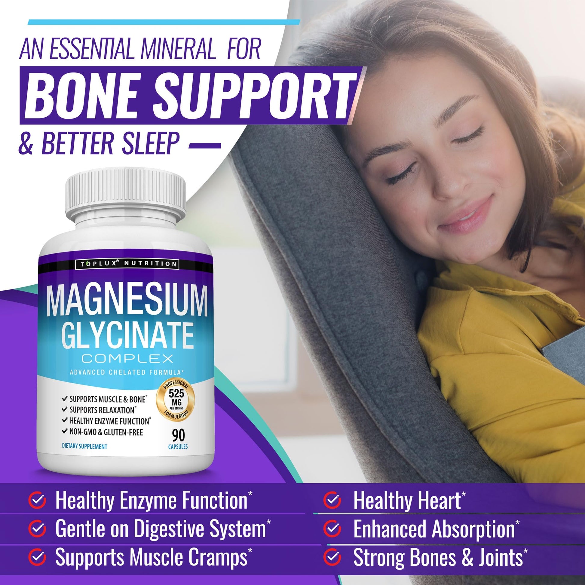 Magnesium Glycinate 525mg - High Absorption Chelated Magnesium Supplement Made with Pure Magnesium Glycinate - Supports Muscles, Sleep, Cramps, Recovery Bisglycinate Toplux buy supplements canada