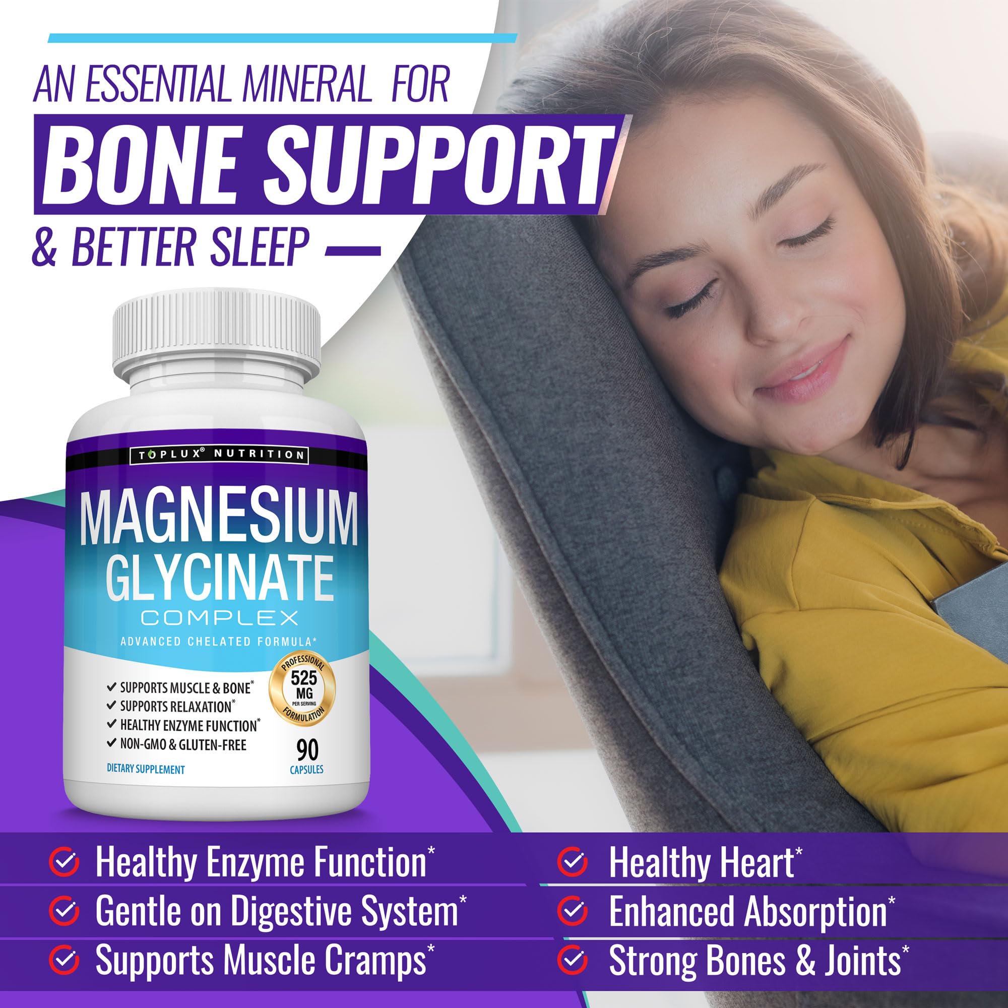 Magnesium Glycinate 525mg - High Absorption Chelated Magnesium Supplement Made with Pure Magnesium Glycinate - Supports Muscles, Sleep, Cramps, Recovery Bisglycinate Toplux buy supplements canada