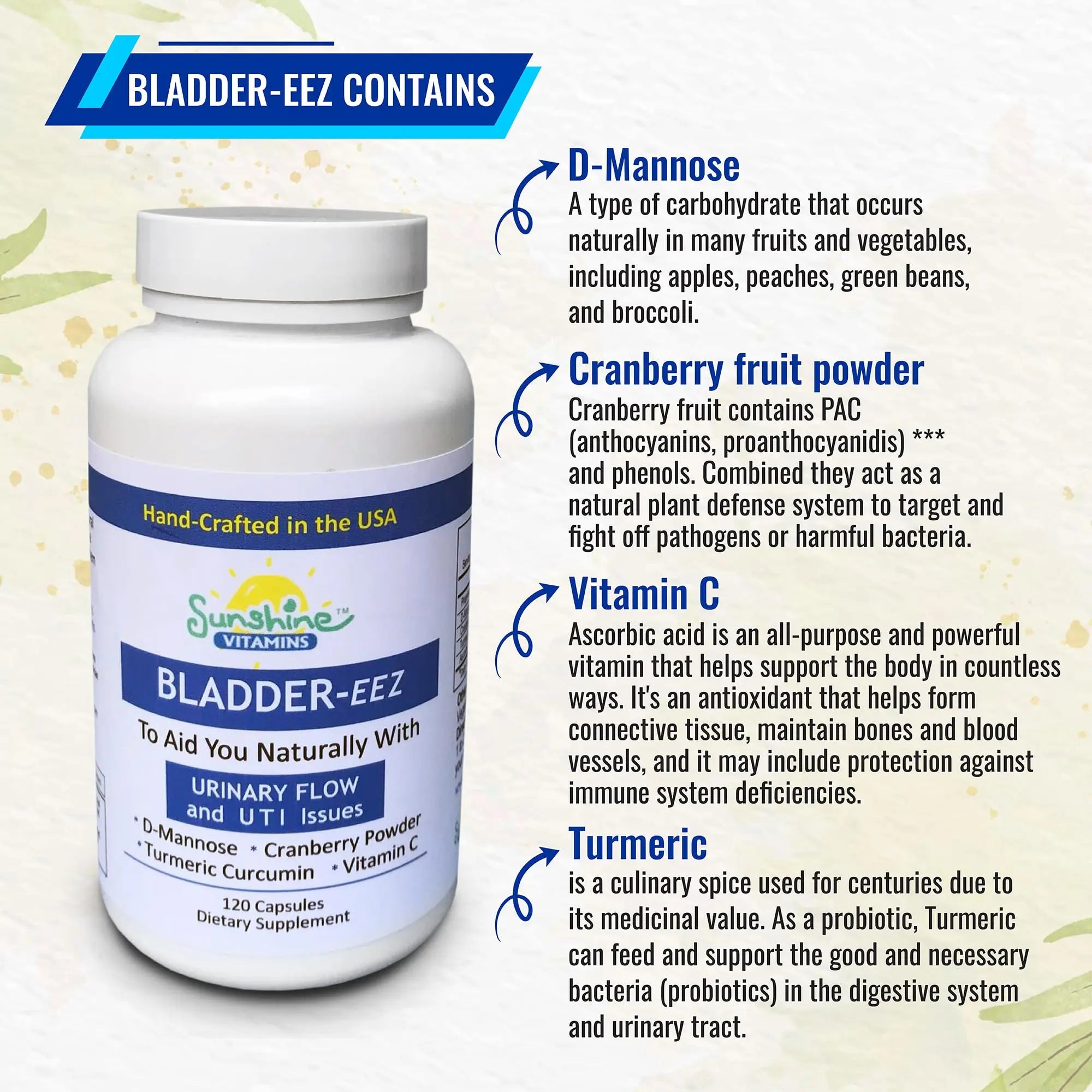 Sunshine Vitamins Bladder-EEZ | All-Natural Bladder Infection UTI Relief Support for Women with D-Mannose | Urinary Tract Infection Health with Immune System Support (1 Bottle of 120 Capsules) Sunshine Vitamins buy supplements canada