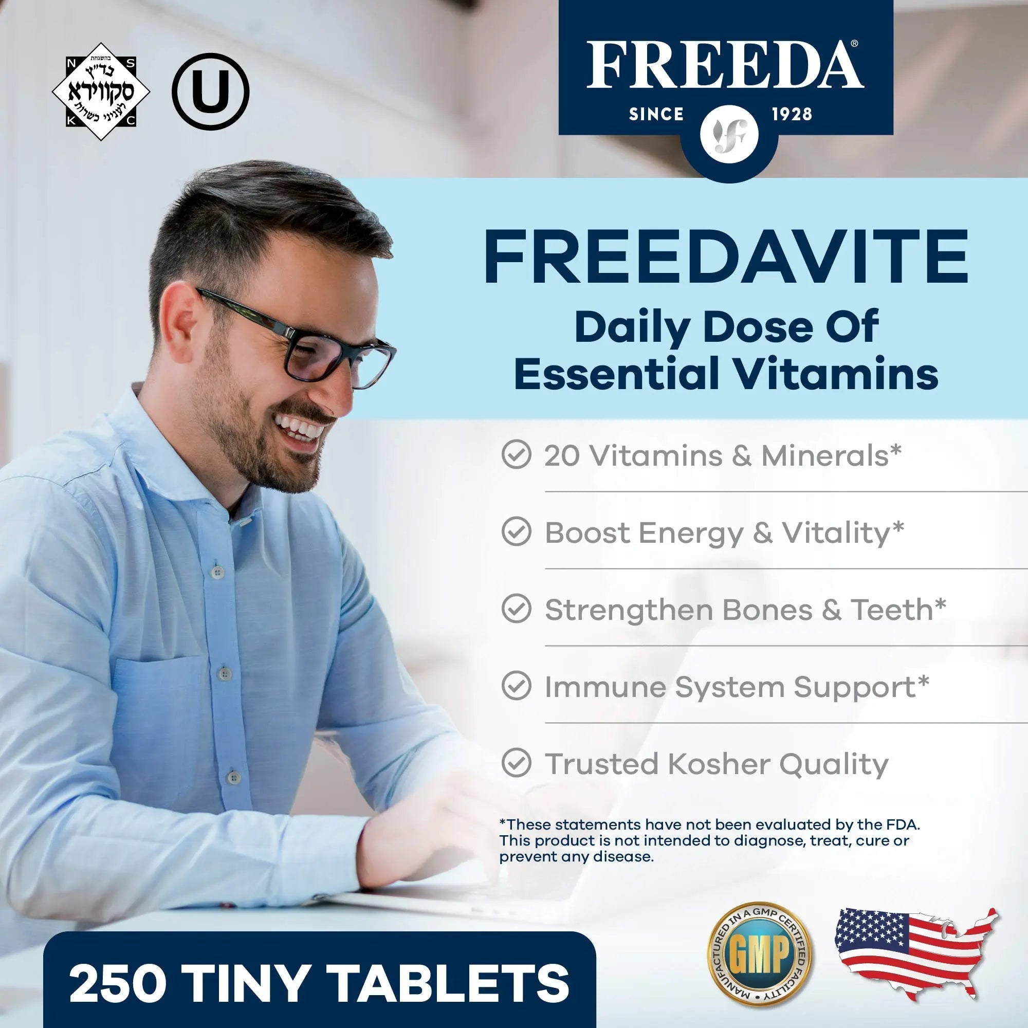 Freedavite Tiny Tablet - Moderate Multivitamin for Men and Women - Pure Vitamin A, C, D, E, B1, B2, B6, B12, Biotin, Calcium, Zinc, Iron, Magnesium FREEDA buy supplements canada