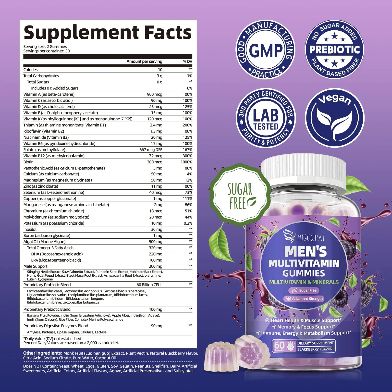 Multivitamin for Men, Mens Multivitamins Gummies w/Omega-3, Probiotics, Inositol, Folate, Biotin, Zinc, Vitamins A, C, D, E, B Migcopat buy supplements canada