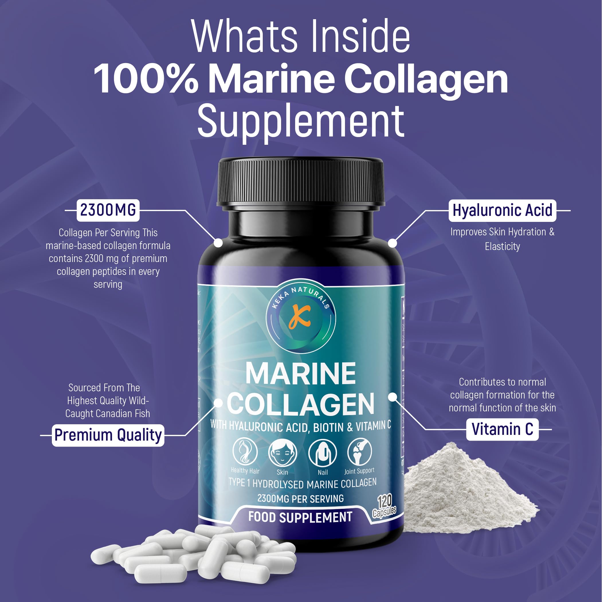 Hydrolysed Marine Collagen Peptides 2300mg - Enhanced with Hyaluronic Acid & Vitamin C Keka Naturals buy supplements canada