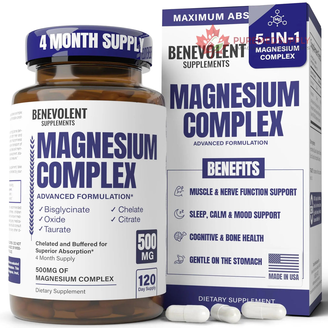 Magnesium Complex Supplement, 4 Month Supply of 500mg 5-in-1 Bisglycinate, Oxide, Taurate, Aspartate, Citrate, Max Absorption Magnesium Supplement for Calm, Sleep & Leg Cramps, 120 Capsule Benevolent Nourishment buy supplements canada