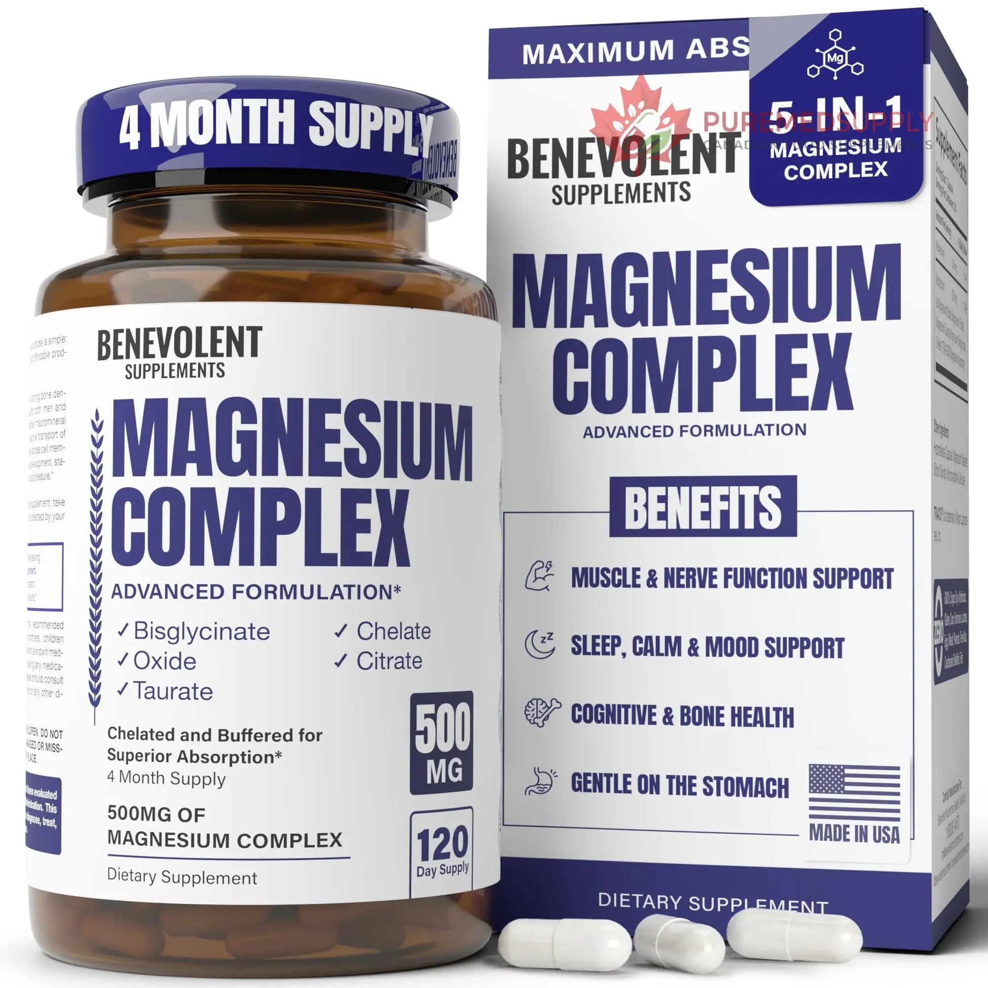 Magnesium Complex Supplement, 4 Month Supply of 500mg 5-in-1 Bisglycinate, Oxide, Taurate, Aspartate, Citrate, Max Absorption Magnesium Supplement for Calm, Sleep & Leg Cramps, 120 Capsule Benevolent Nourishment buy supplements canada