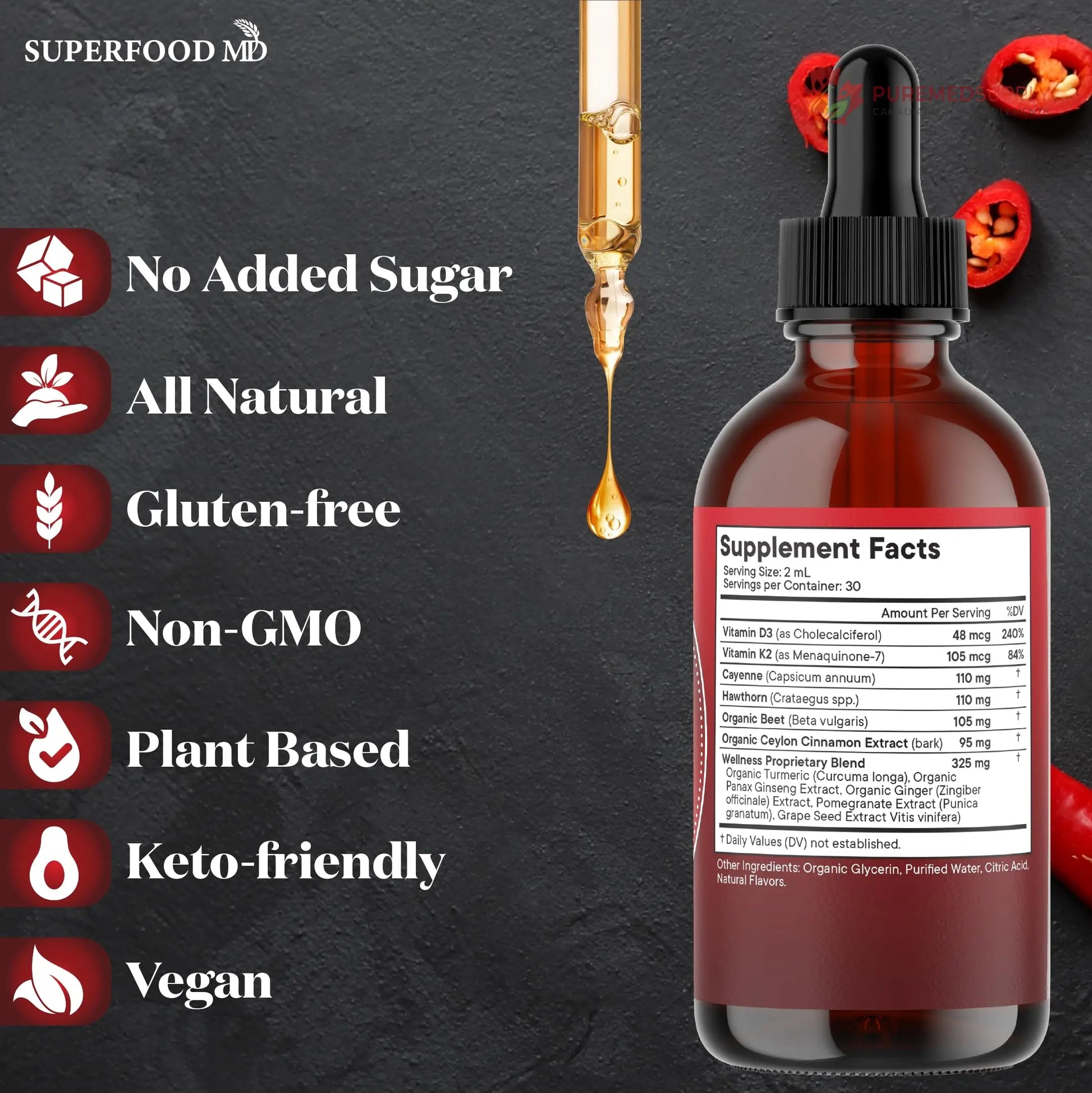Cayenne Pepper Supplement Liquid Drops + Hawthorn Berry, Vitamin D3 K2 Beet Root Powder, Ceylon Cinnamon, Turmeric Curcumin, Organic Panax Ginseng - 4 OZ Superfood MD buy supplements canada