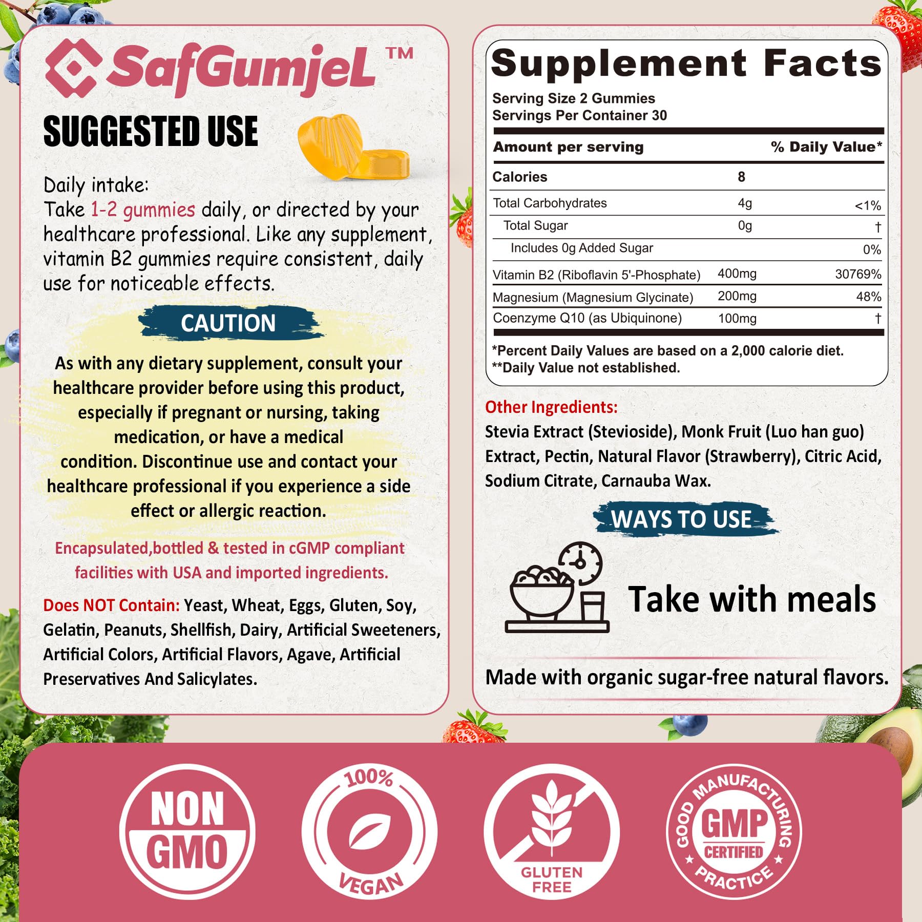 Safgumjel Vitamin B2 Gummies | Riboflavin 400mg with Magnesium & CoQ10 for Migraine Relief & Headache Relief | Sugar Free, Vegan, Strawberry Flavor, 60 Count Safgumjel buy supplements canada