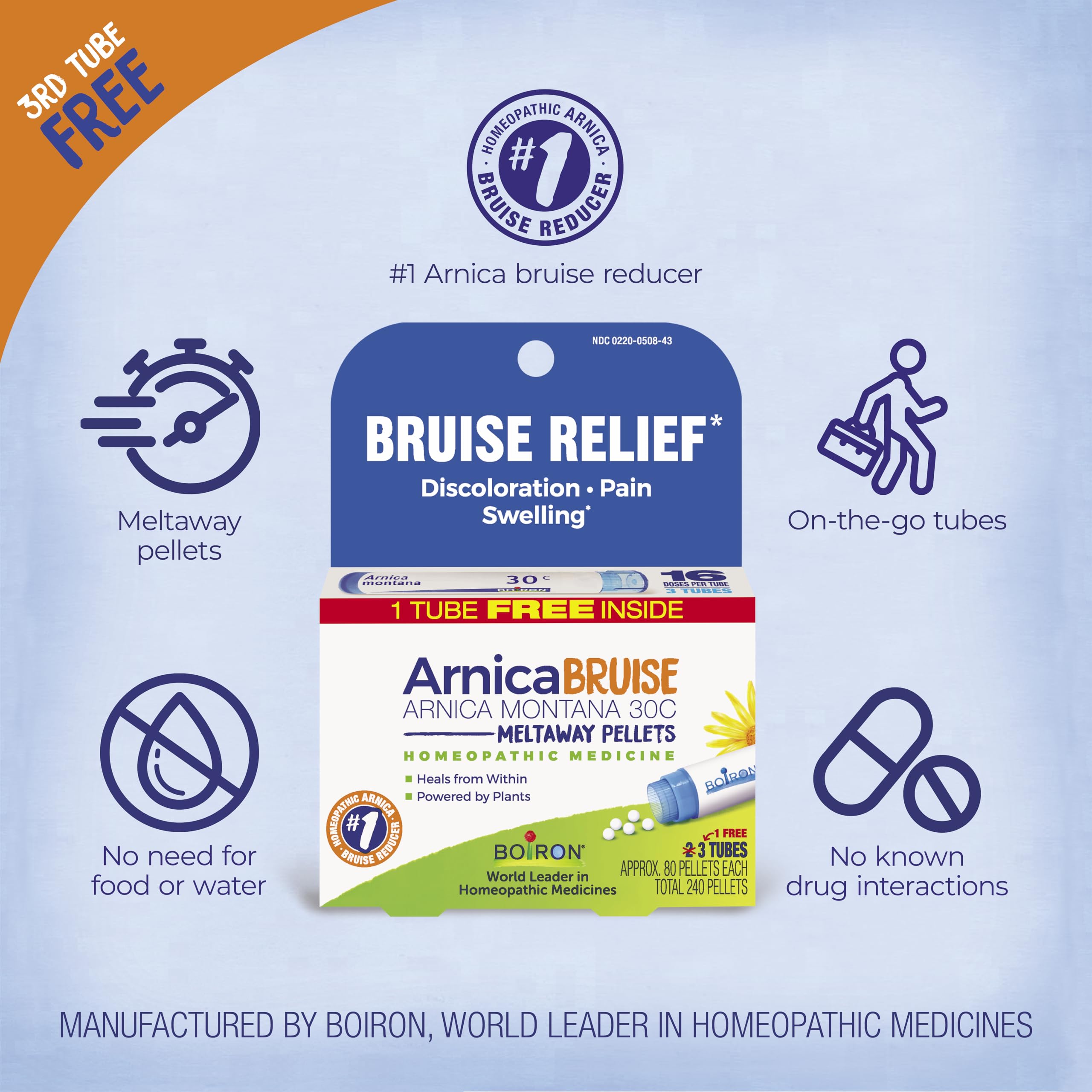 Boiron Arnica Bruise - Arnica Montana 30c for Relief of Pain, Swelling, and Discoloration from Bruises - 3 Count (240 Pellets) Boiron buy supplements canada