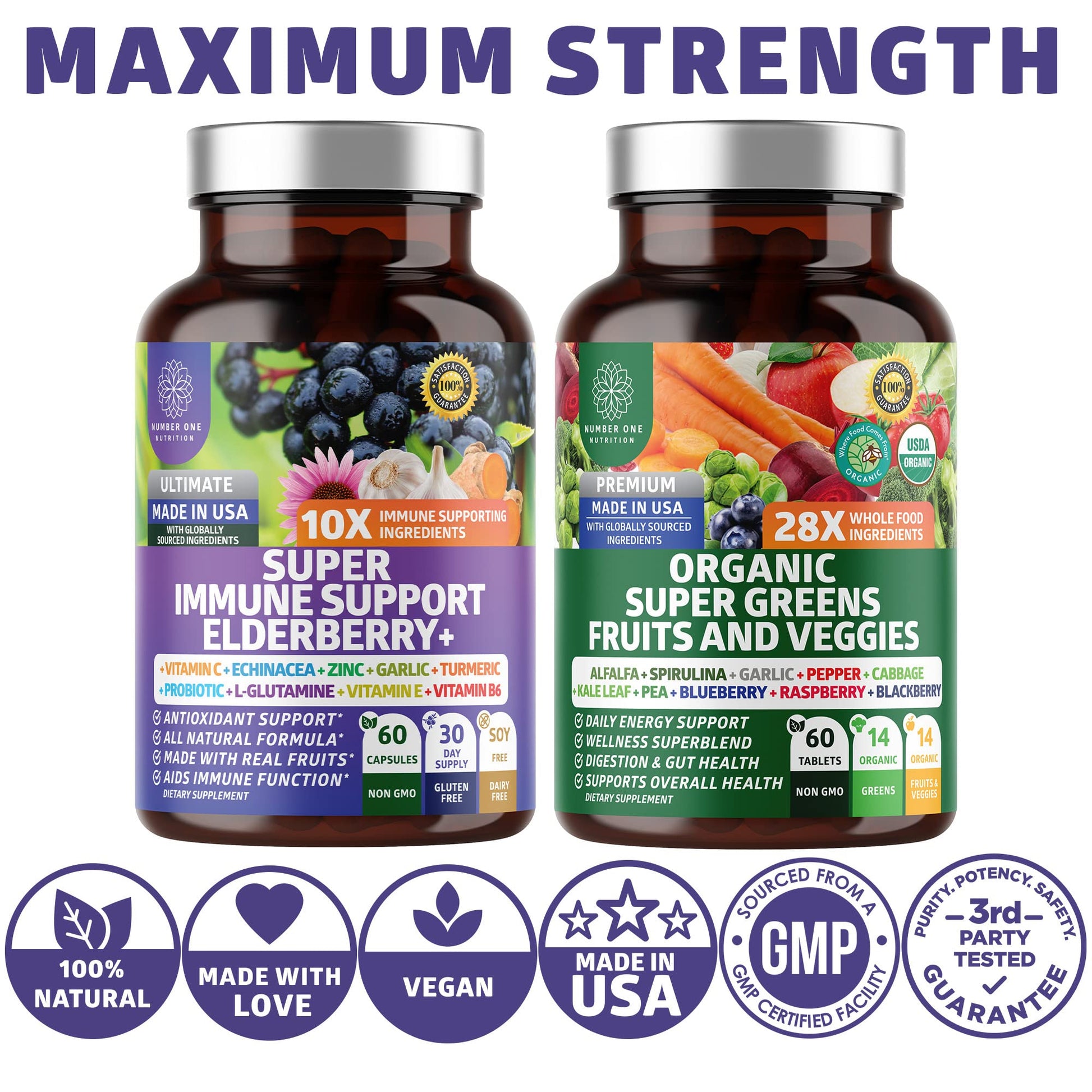 N1N Premium Organic Super Fruits & Veggies + Immune Support [38 Powerful Ingredients], Natural Super Greens Supplement with Alfalfa, Vitamins & Minerals, Zinc, Turmeric and Probiotic, 120 Caps Number One Nutrition buy supplements canada