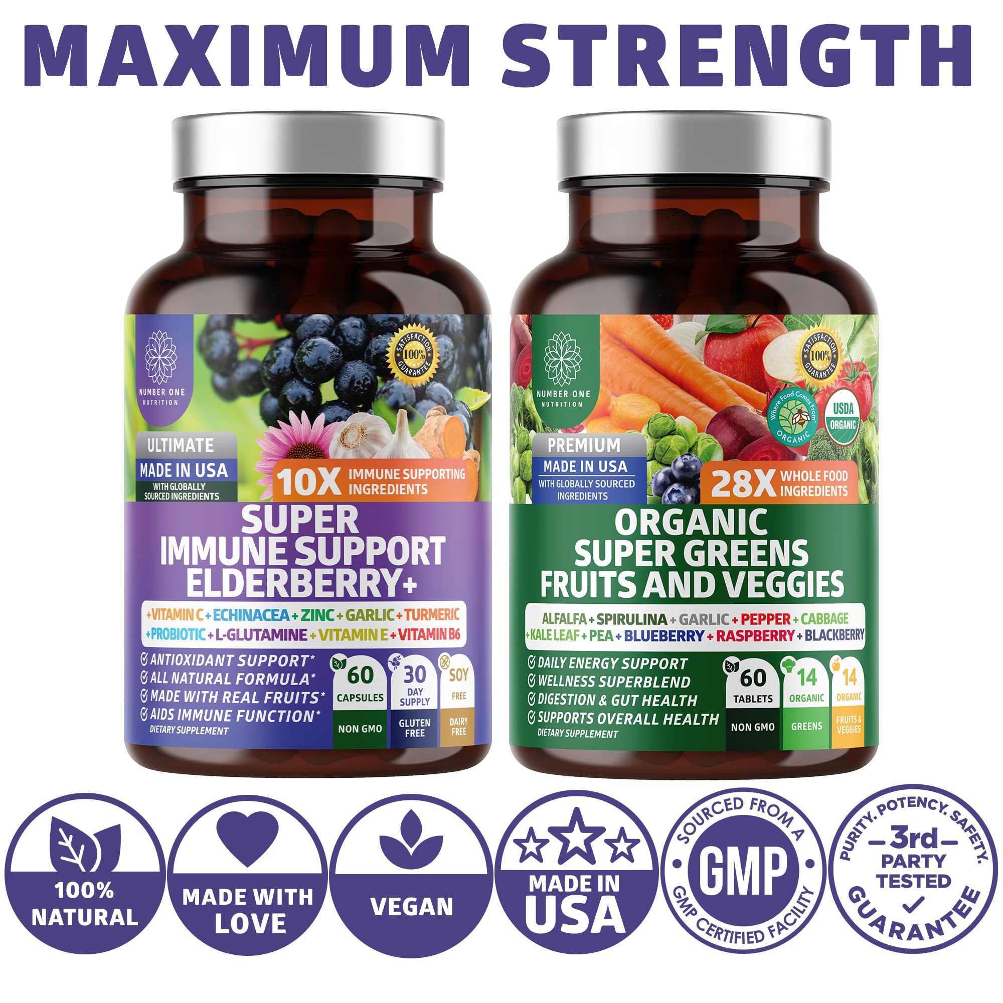 N1N Premium Organic Super Fruits & Veggies + Immune Support [38 Powerful Ingredients], Natural Super Greens Supplement with Alfalfa, Vitamins & Minerals, Zinc, Turmeric and Probiotic, 120 Caps Number One Nutrition buy supplements canada