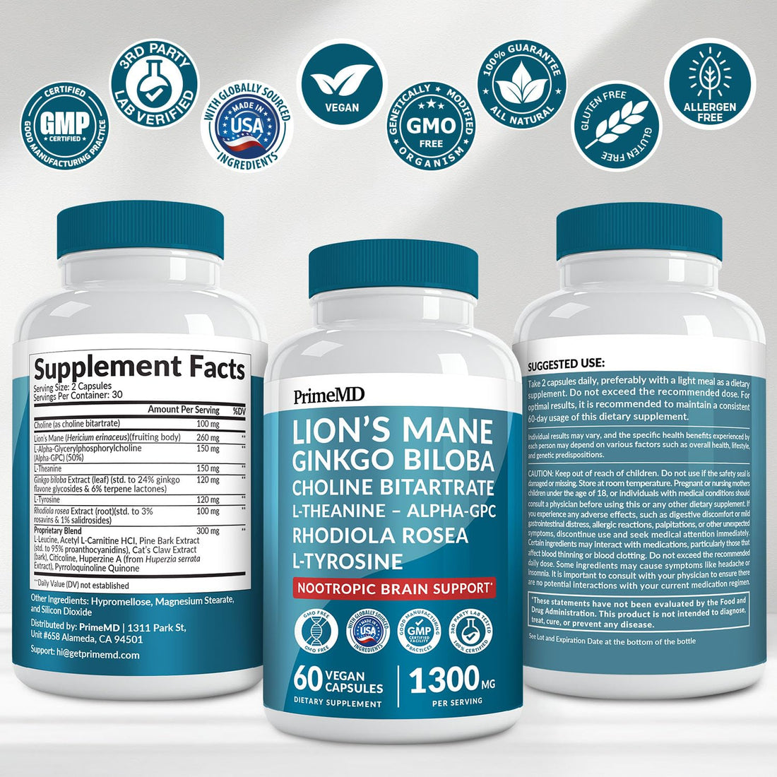 14-in-1 Lions Mane Supplement Capsules - Nootropic Brain Supplement with Ginkgo Biloba for Brain Support, Memory and Focus - Alpha GPC, L Theanine & Choline Supplements with 1300mg Per Serving (60 ct) PrimeMD buy supplements canada