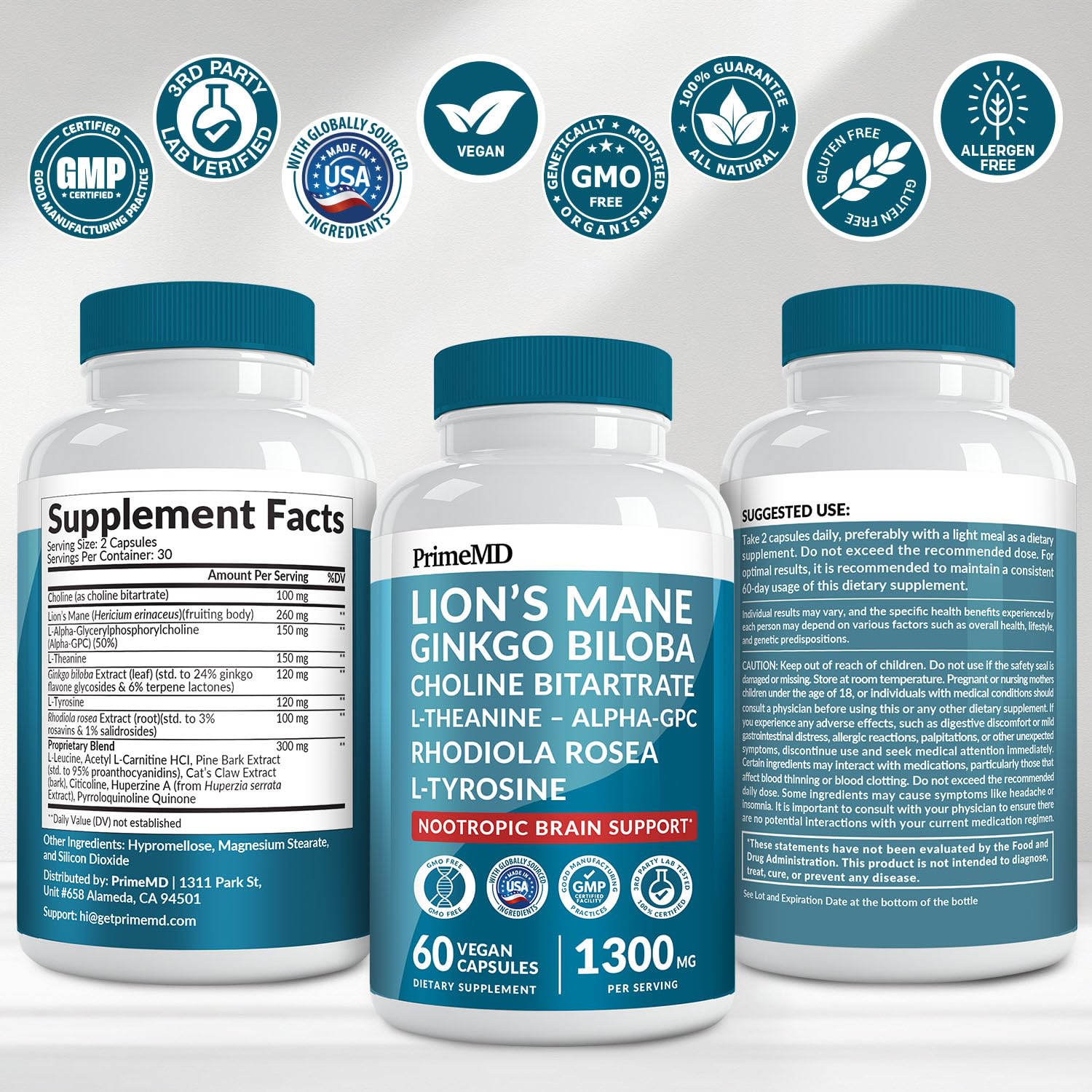 14-in-1 Lions Mane Supplement Capsules - Nootropic Brain Supplement with Ginkgo Biloba for Brain Support, Memory and Focus - Alpha GPC, L Theanine & Choline Supplements with 1300mg Per Serving (60 ct) PrimeMD buy supplements canada