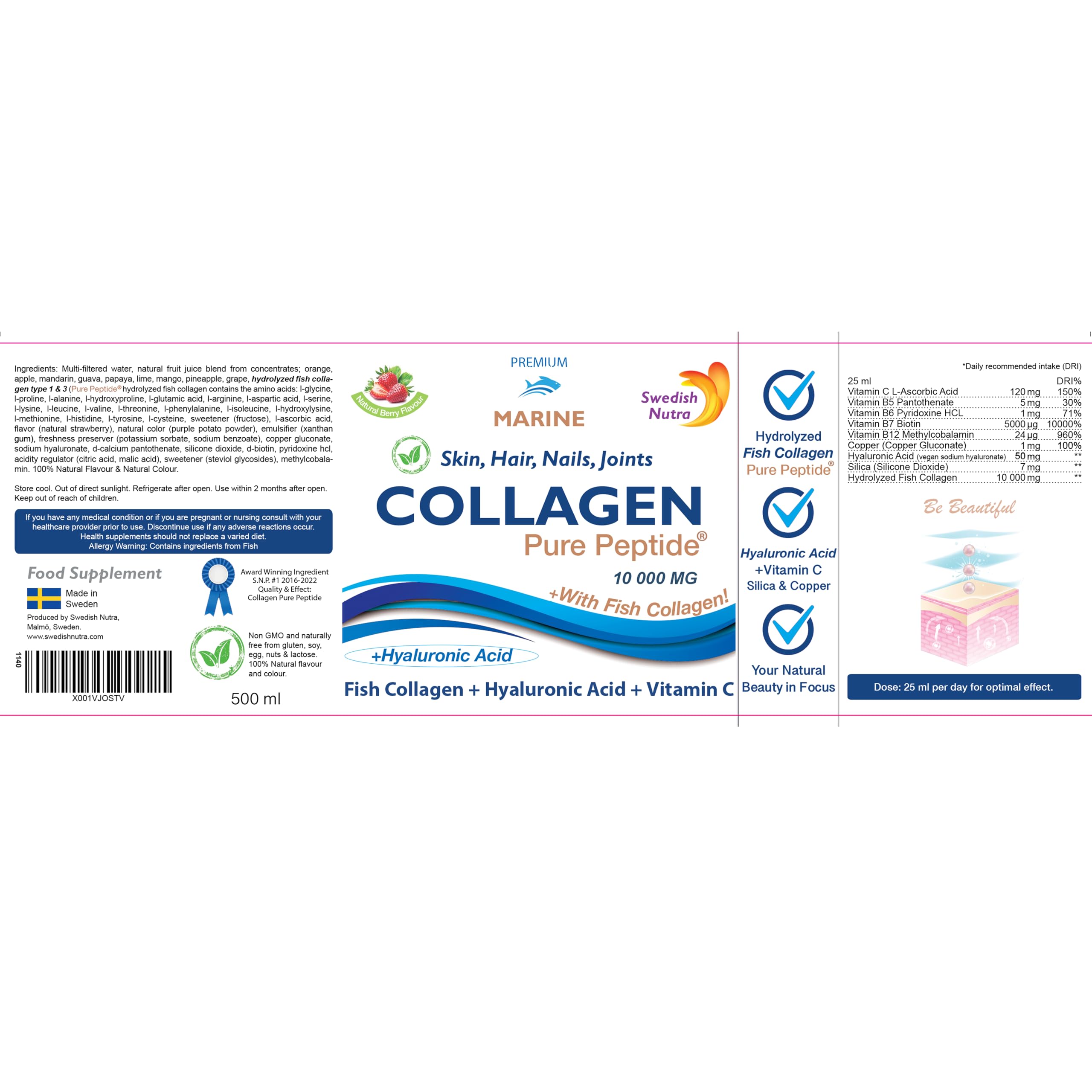 Marine Liquid Collagen 10000mg 500 ml I Pure Hydrolyzed Collagen Peptides Swedish Nutra buy supplements canada