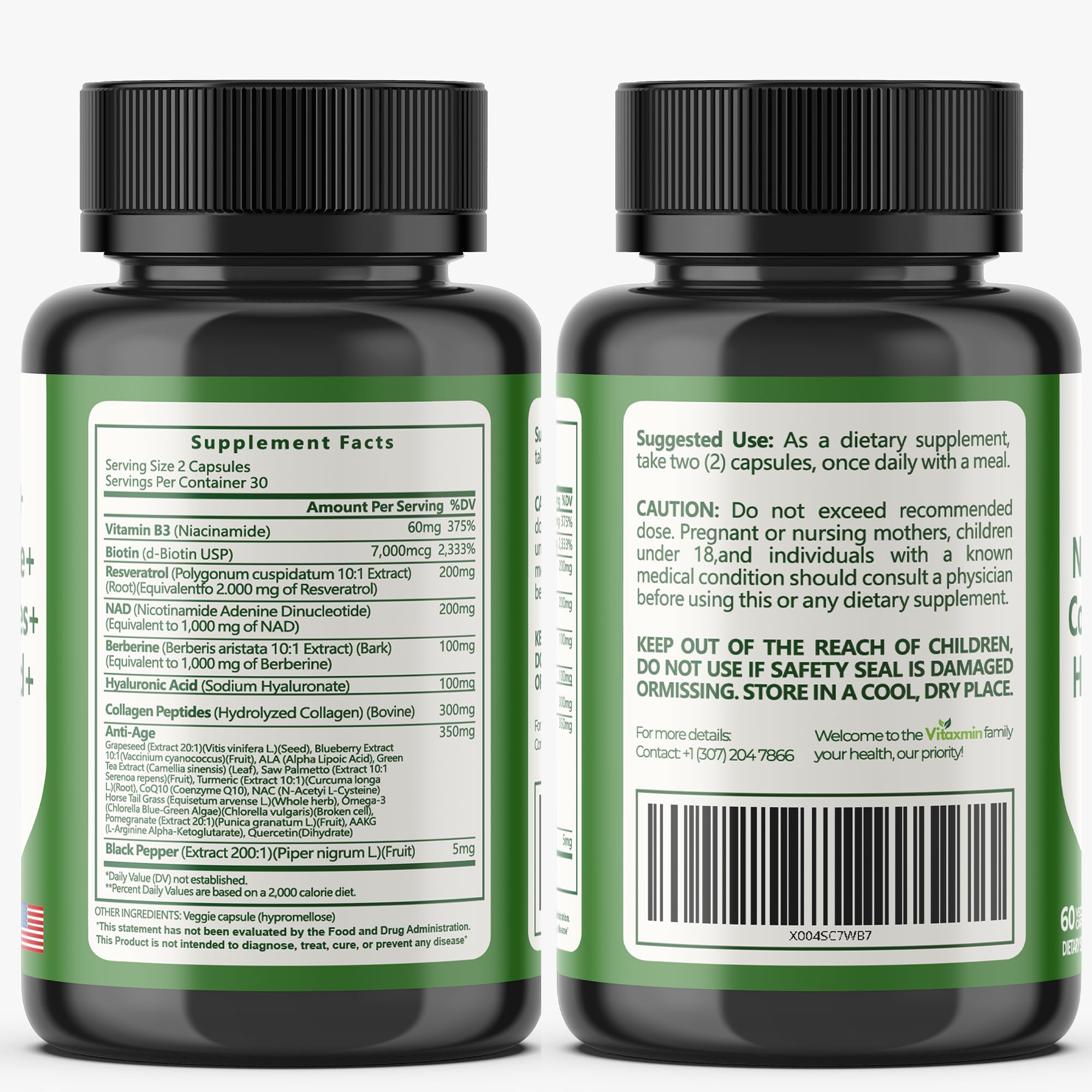 vitaxmin NAD Resveratrol Supplement 200mg with Berberine NAC Collagen - Nicotinamide Riboside NMN NADH CoQ10 Biotin Hyaluronic Acid - Hair Skin Nails Supplement - 60 Capsules vitaxmin buy supplements canada