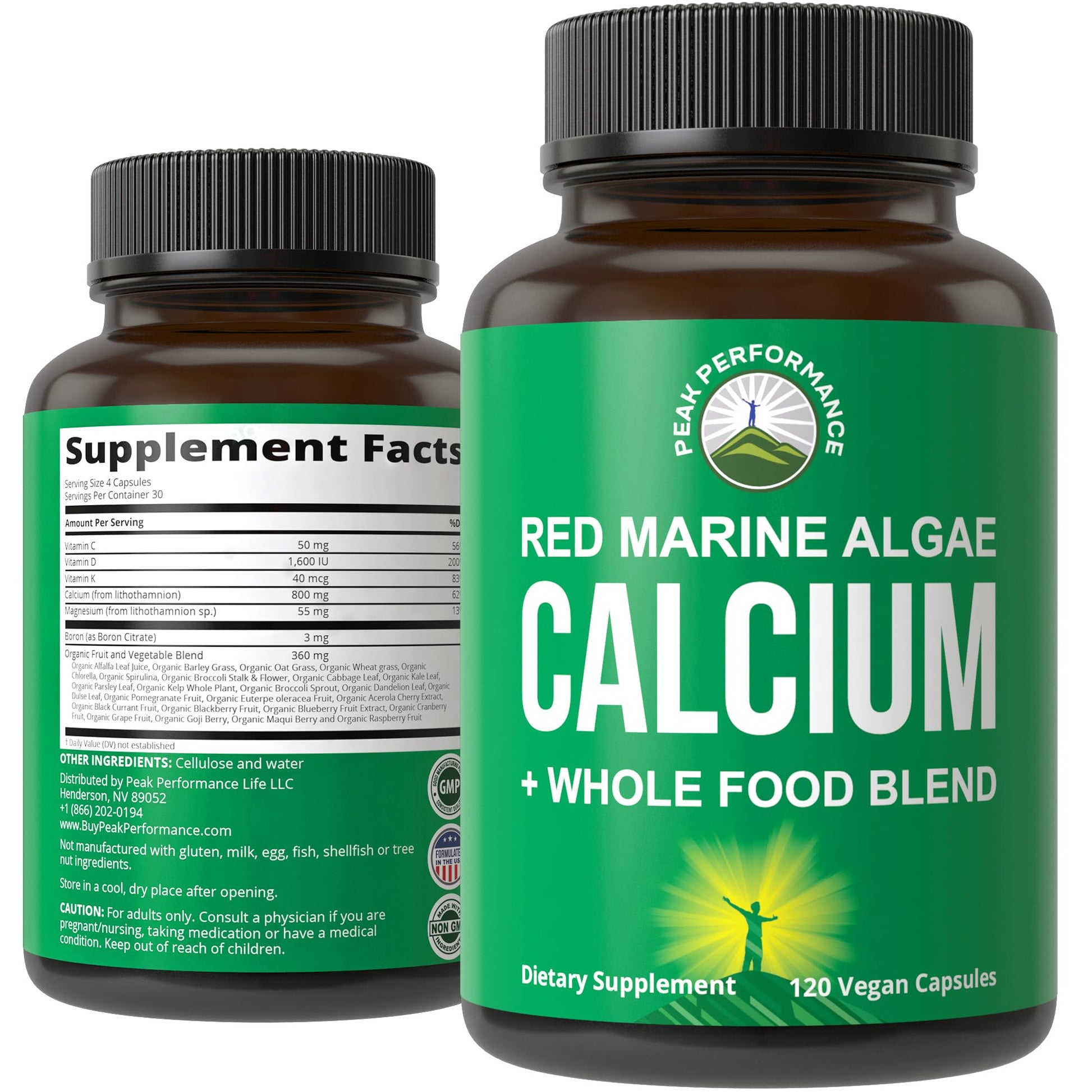 Plant Based Calcium - Red Marine Algae Calcium Supplement with Vitamin C, D3, K, Magnesium, and Whole Food Vegetable Blend. Vegan Capsules for Bones and Joints. 120 Pills, Tablets Peak Performance buy supplements canada