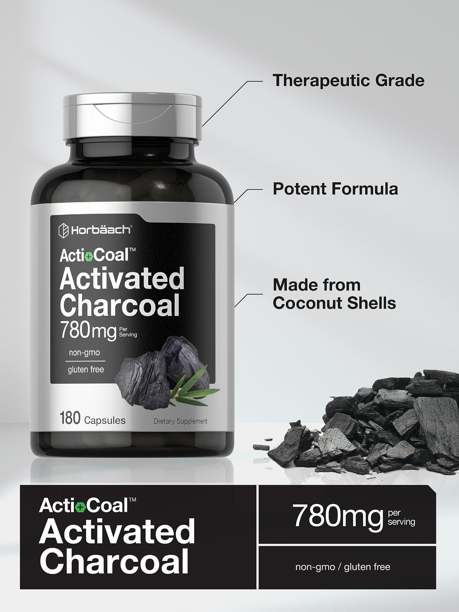 Charcoal Pills 780mg | 180 Capsules | Activated Charcoal from Coconut Shells | Non-GMO Horbäach buy supplements canada