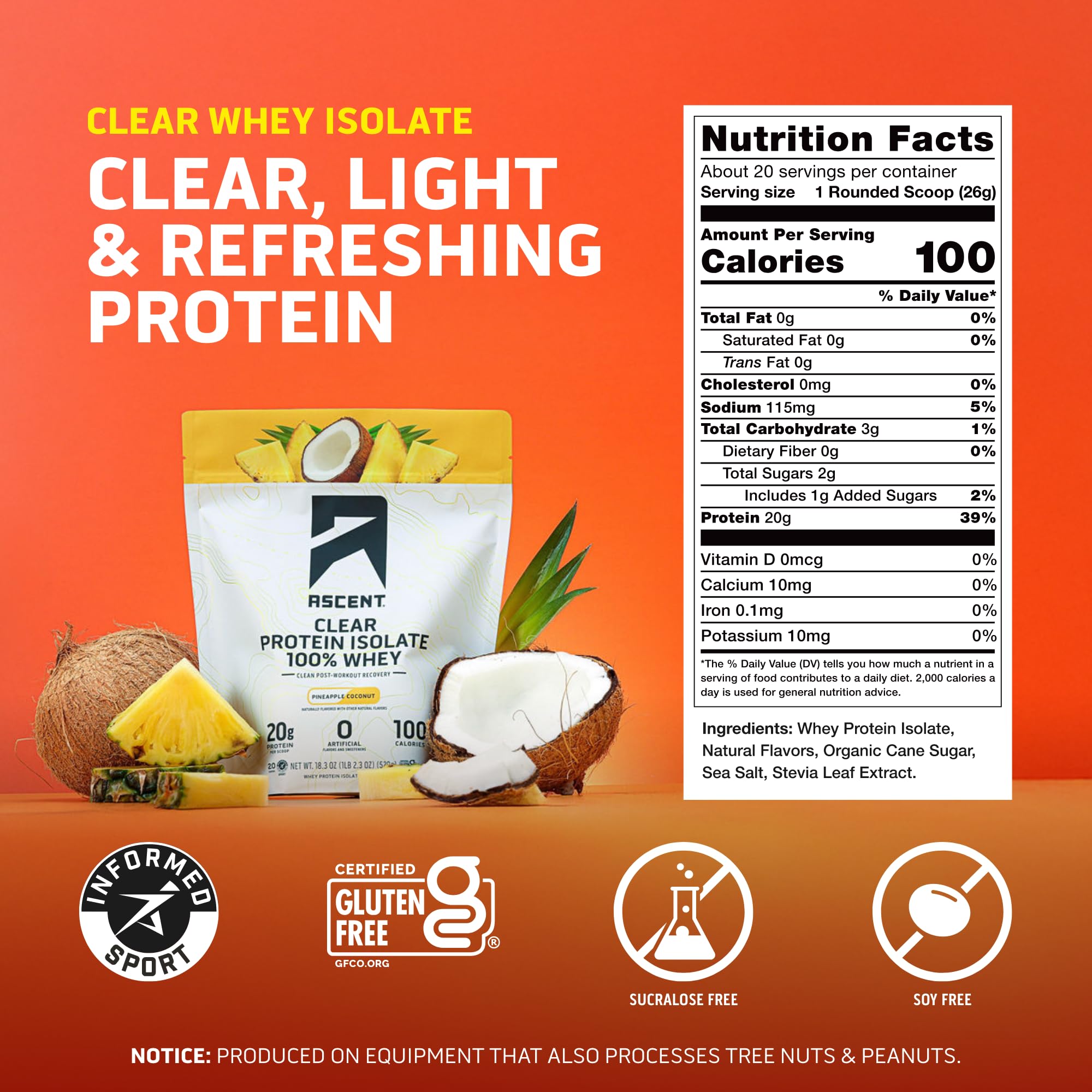 Ascent 100% Clear Whey Protein Powder - Post Workout Whey Protein Isolate, Zero Artificial Flavors & Sweeteners, Gluten Free, 5.5g BCAA, 2.1g Leucine, Essential Amino Acids, Pineapple Coconut, 20 Serv Ascent buy supplements canada