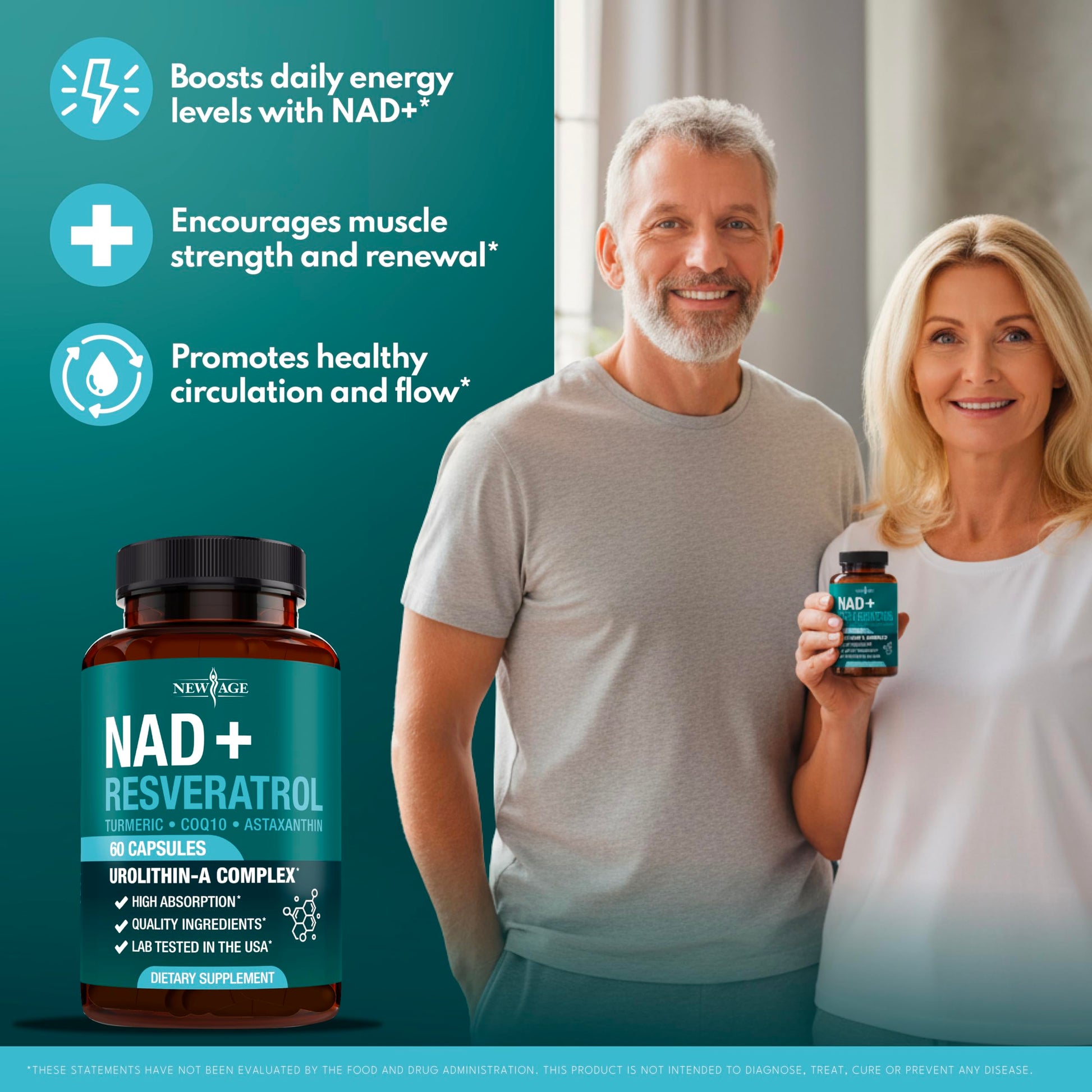 NEW AGE NAD+ Supplement Complex – NAD+ 300 mg with Astaxanthin, Urolithin A, Resveratrol, CoQ10 & Antioxidant Blend – Cellular Energy, Support or Women & Men – Vegan, Non-GMO- 120 Count NEW AGE buy supplements canada