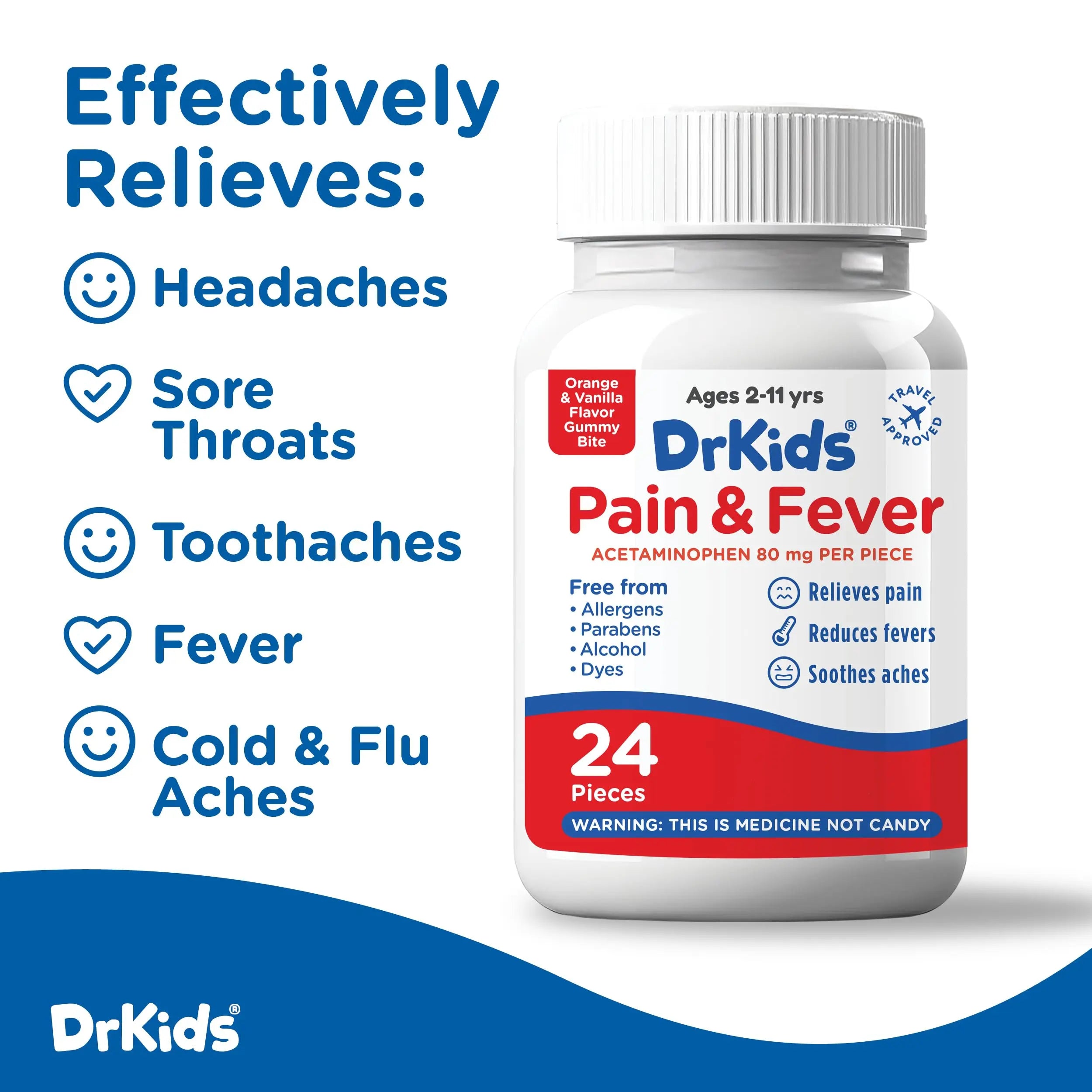 Dr. Kids Children’s Pain and Fever Gummy Bite - Chewable Acetaminophen for Kids Ages 2-11, Pre-Measured Soft Chews for Headache, Sore Throat, Cold and Flu, Orange Vanilla Flavor, 24 Count Dr. Kids buy supplements canada