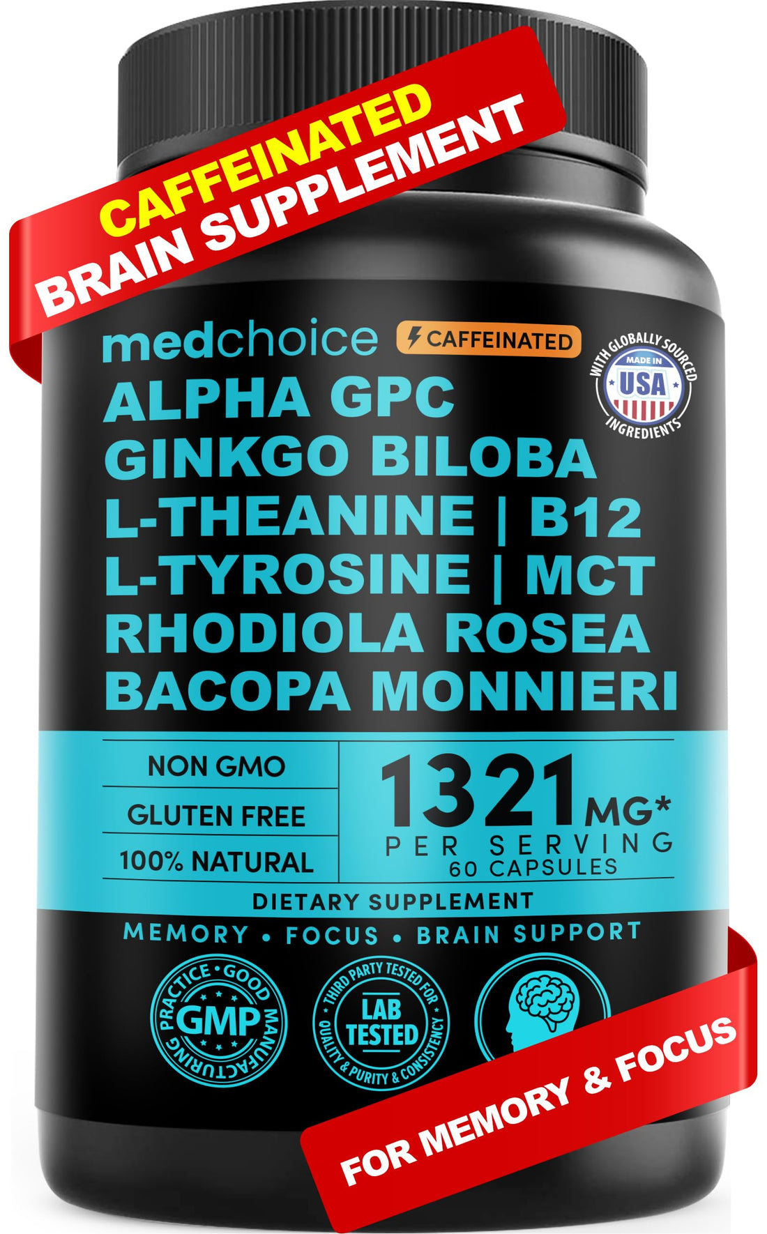 12-in-1 Nootropic Brain Supplement with Caffeine Anhydrous: Ginkgo Biloba for Brain Support, Memory and Focus - B12, Alpha GPC, L Theanine and Choline Supplements with Bioperine with 1321mg (60ct) MEDCHOICE buy supplements canada