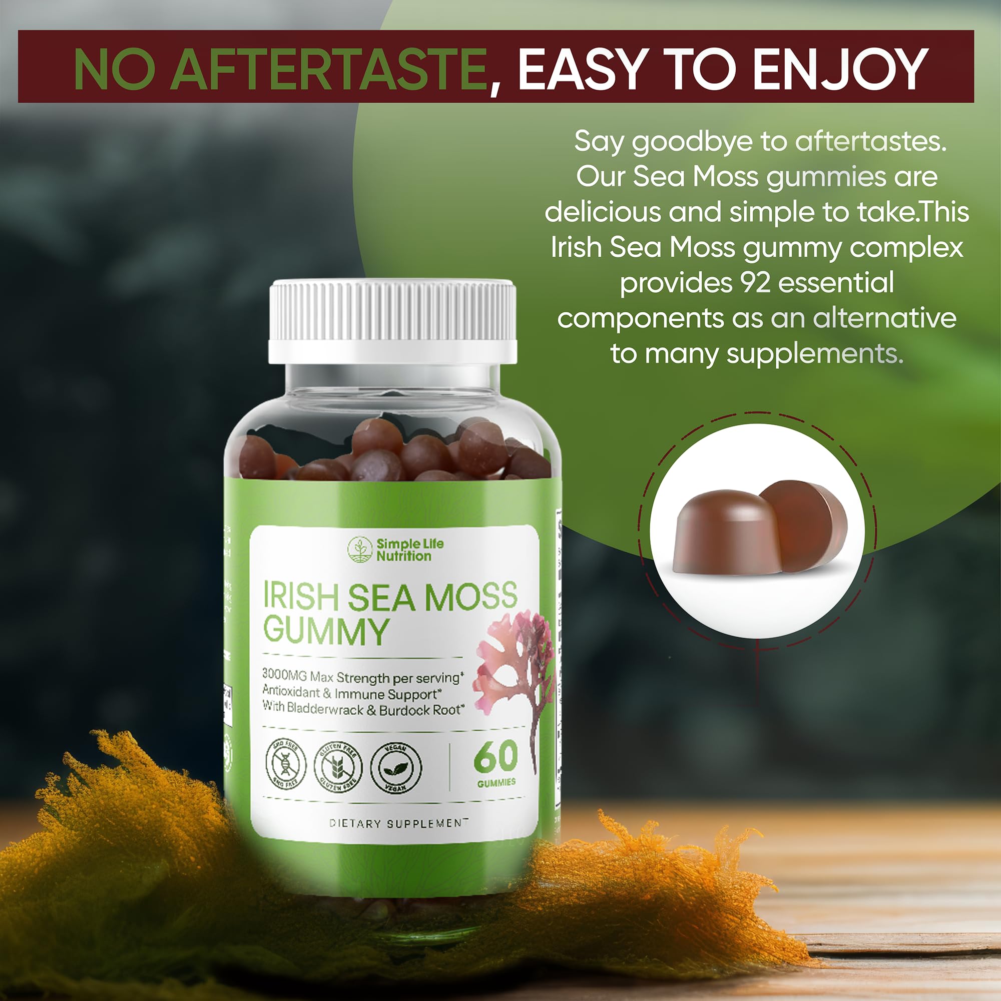 Simple Life Nutrition Organic Irish Sea Moss Gummies - Burdock Root and Bladderwrack Natural Blend - Immune System Gut Cleanse & Thyroid Supplement - Skin and Nail Health - 60CT Simple Life Nutrition buy supplements canada
