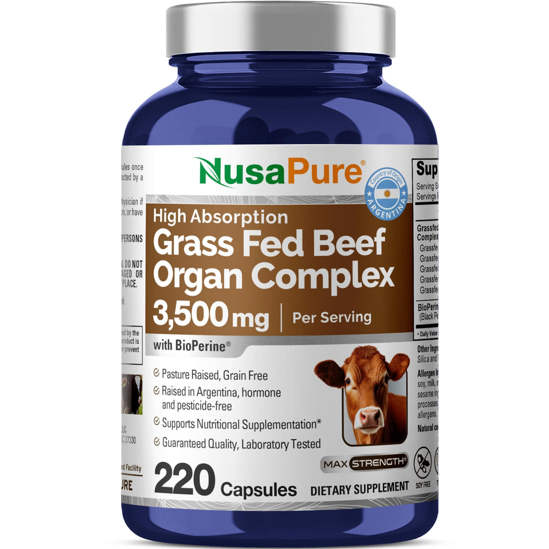NusaPure Grass Fed Beef Organ Complex | 220 Capsules | Pasture Raised | with Desiccated Liver, Kidney, Pancreas, Heart, Spleen | Soyfree Non-GMO, Bioperine NusaPure buy supplements canada
