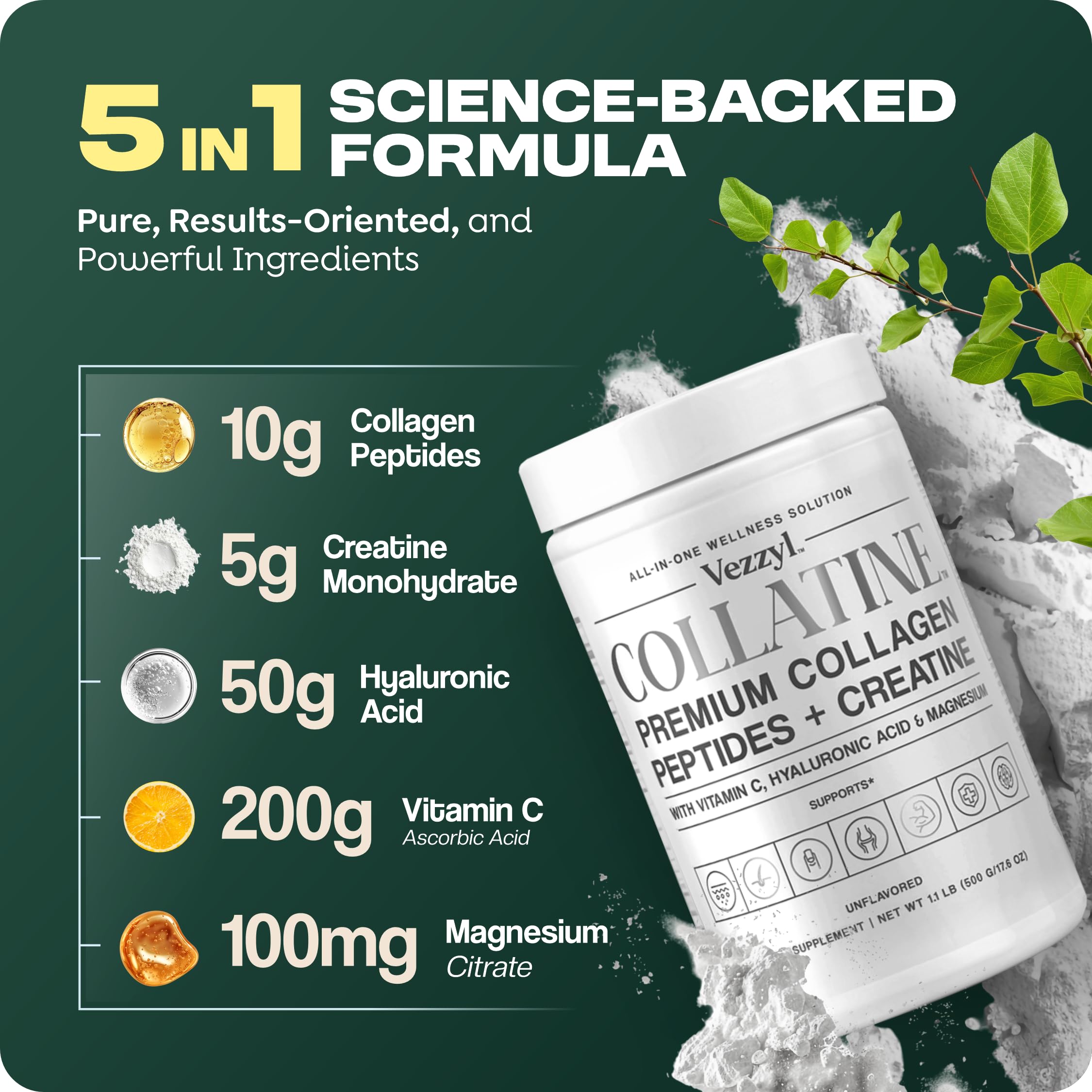 Vezzyl - Collatine - Premium Collagen Peptides + Creatine with Vitamin C, Hyaluronic Acid and Magnesium for Skin, Hair, Nails, Bone & Joint, Muscle, Immune and Cognitive Aid (.55 LB (250 G/8.8 OZ) Vezzyl buy supplements canada