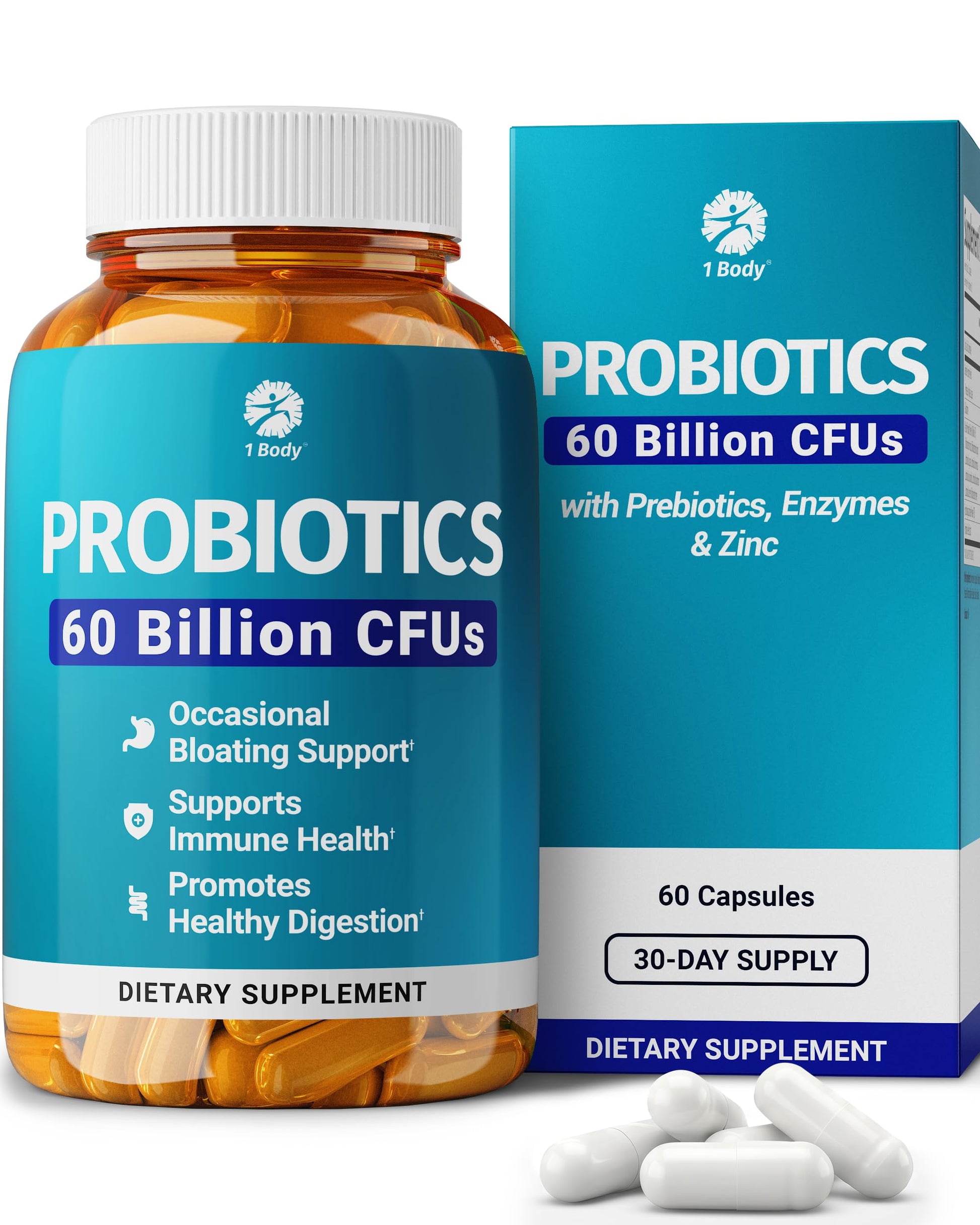 1 Body Probiotic 60 Billion for Men & Women, Gut Health Support with Prebiotics, Digestive Enzymes, Zinc & L-Glutamine, Non-GMO, 60 Vegan Capsules 1 Body buy supplements canada