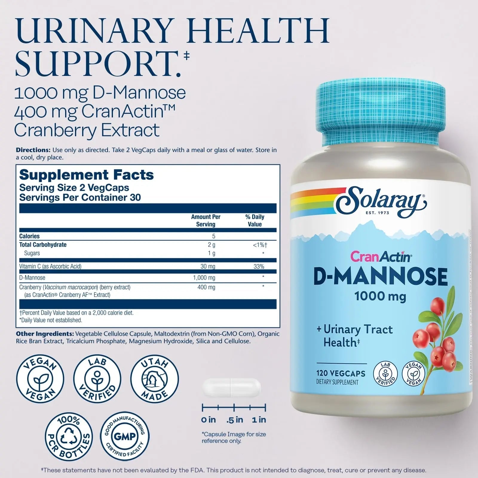 SOLARAY D-Mannose 1000mg with CranActin Cranberry Supplement 400mg, Urinary Tract Health & Bladder Support Capsules with Vitamin C, Vegan, 60 Day Guarantee, 60 Servings, 120 VegCaps (120 CT) SOLARAY buy supplements canada