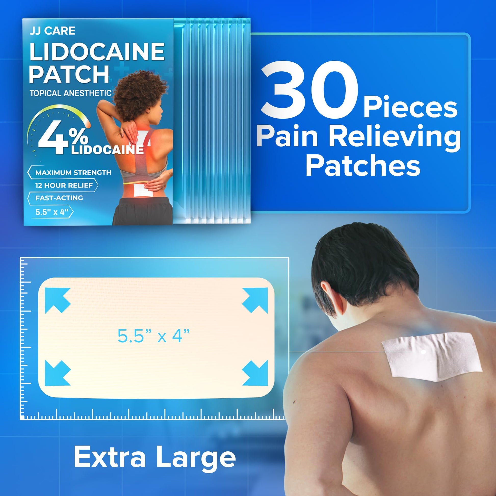 JJ CARE Lidocaine Patches [Pack of 30], 4” x 5.5” Lidocaine 4% Maximum Strength Back Pain Relief Patches for Fast Numbing of Aches, Pains, Back, Neck, Shoulder, Muscle Soreness JJ CARE buy supplements canada