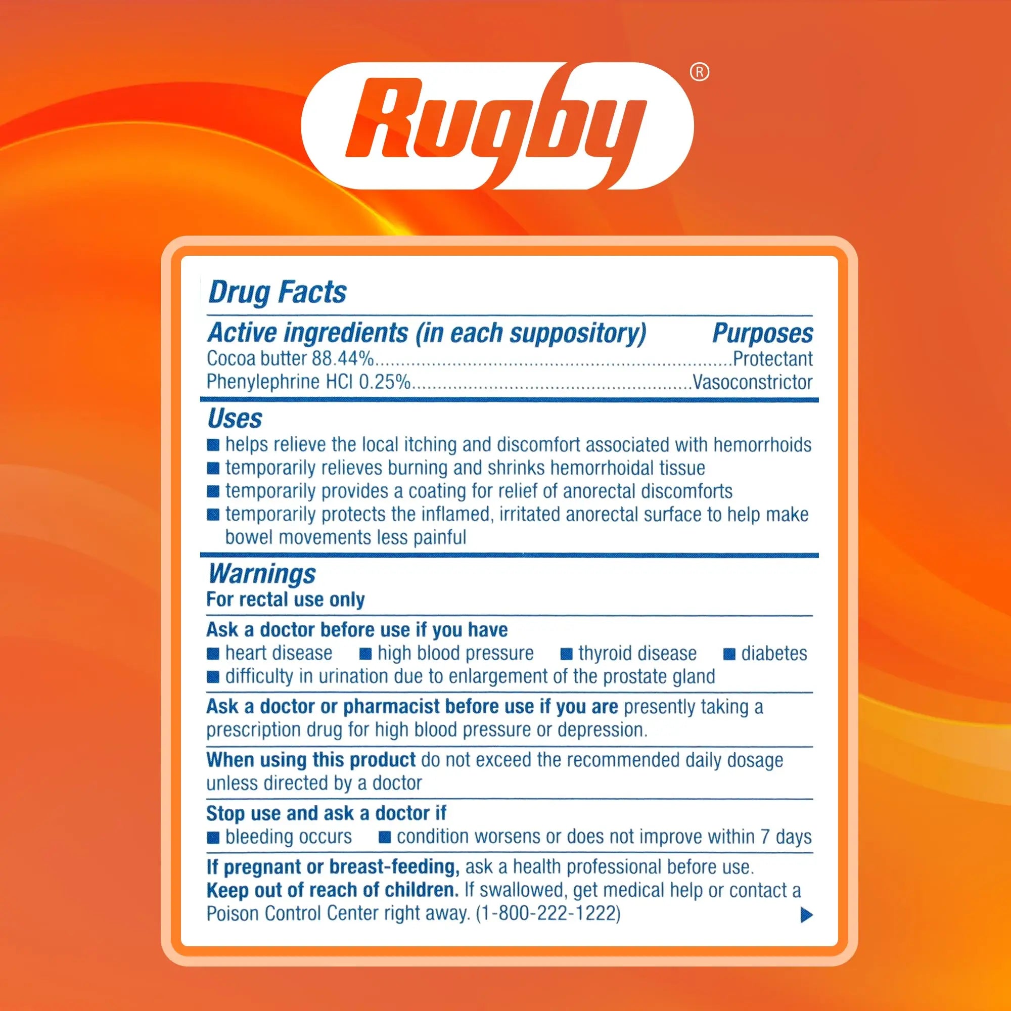 Rugby Hemorrhoidal Suppositories - Soothing and Shrinking Action for Internal Hemorrhoids with Cocoa Butter and Phenylephrine HCl, Easy Open Design - 12 Count RUGBY LABORATORIES buy supplements canada