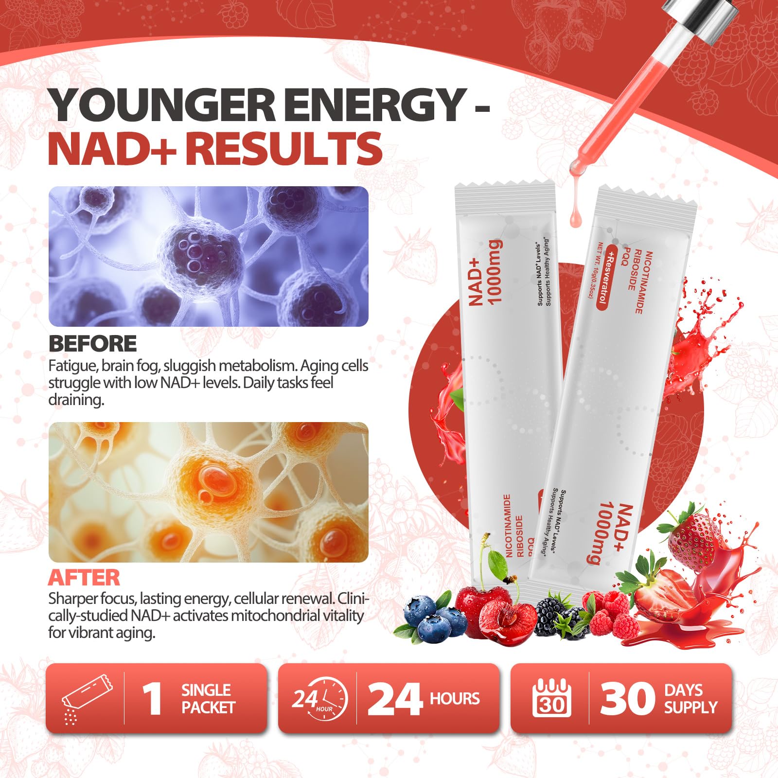 Zooone NAD+ Liquid Supplement 1000mg, Nicotinamide Riboside & Resveratrol, Extra Strength Berry Flavor Drink Mix for Energy, Focus & Anti-Aging -30 Pack Zooone buy supplements canada